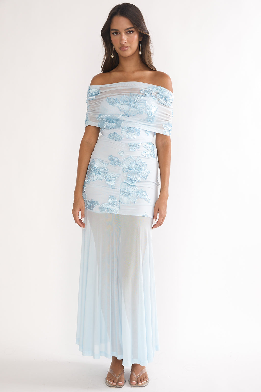 Clarita Sheer Ruched Maxi Dress Embellished Blue