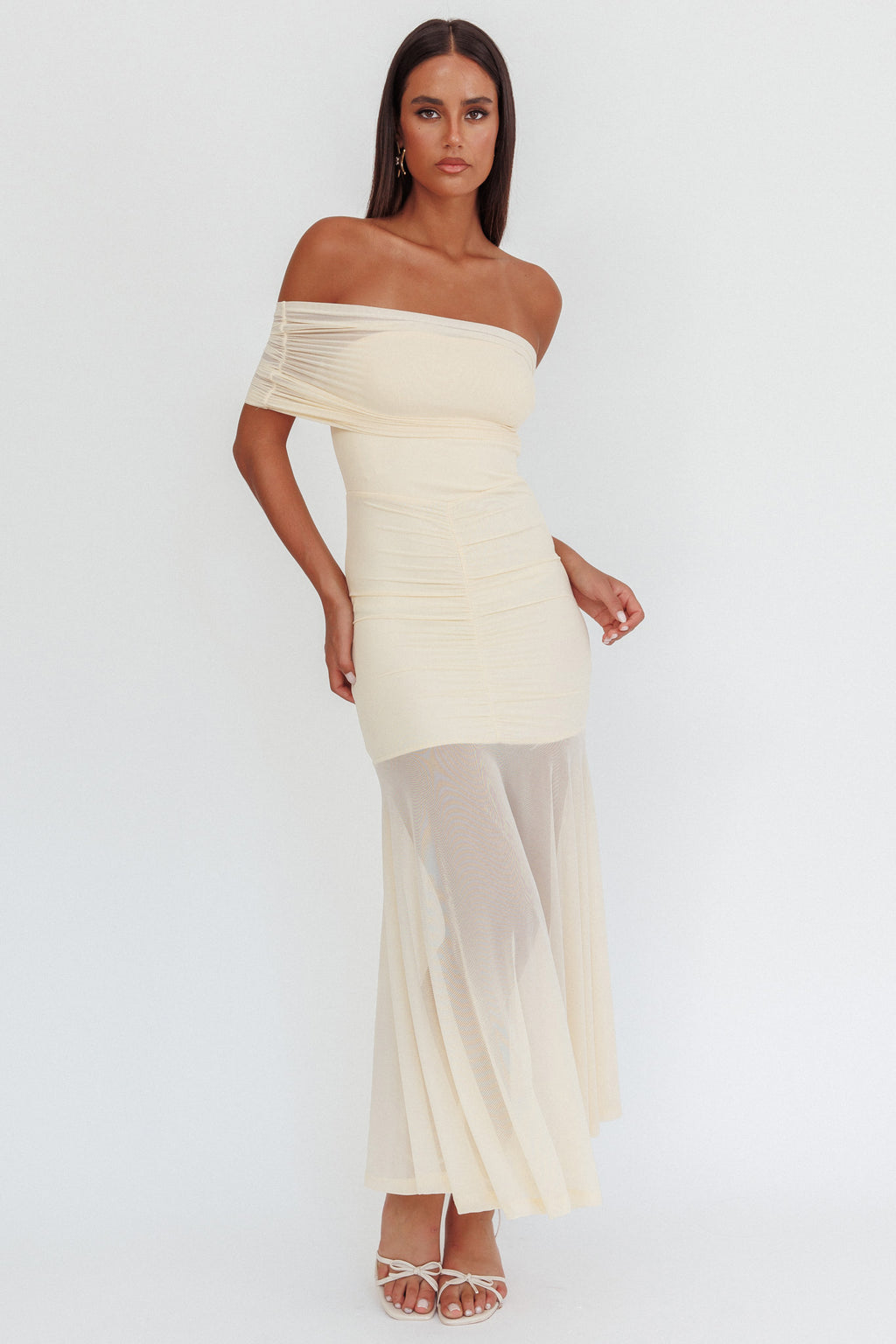 Clarita Sheer Ruched Maxi Dress Cream by Selfie Leslie