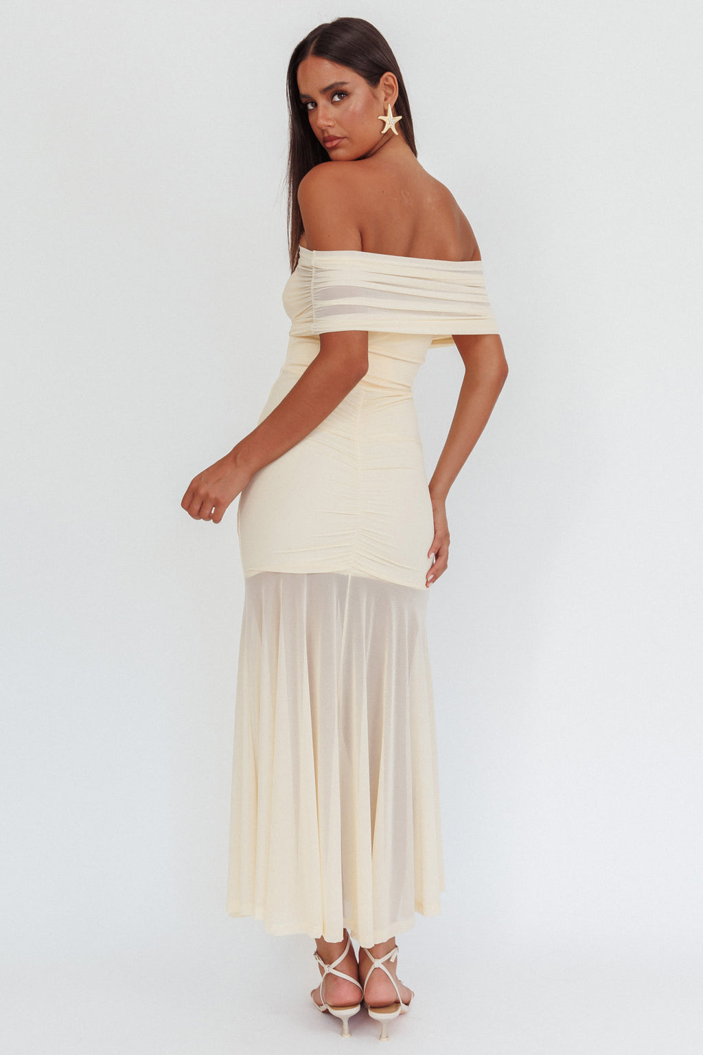 Clarita Sheer Ruched Maxi Dress Cream by Selfie Leslie