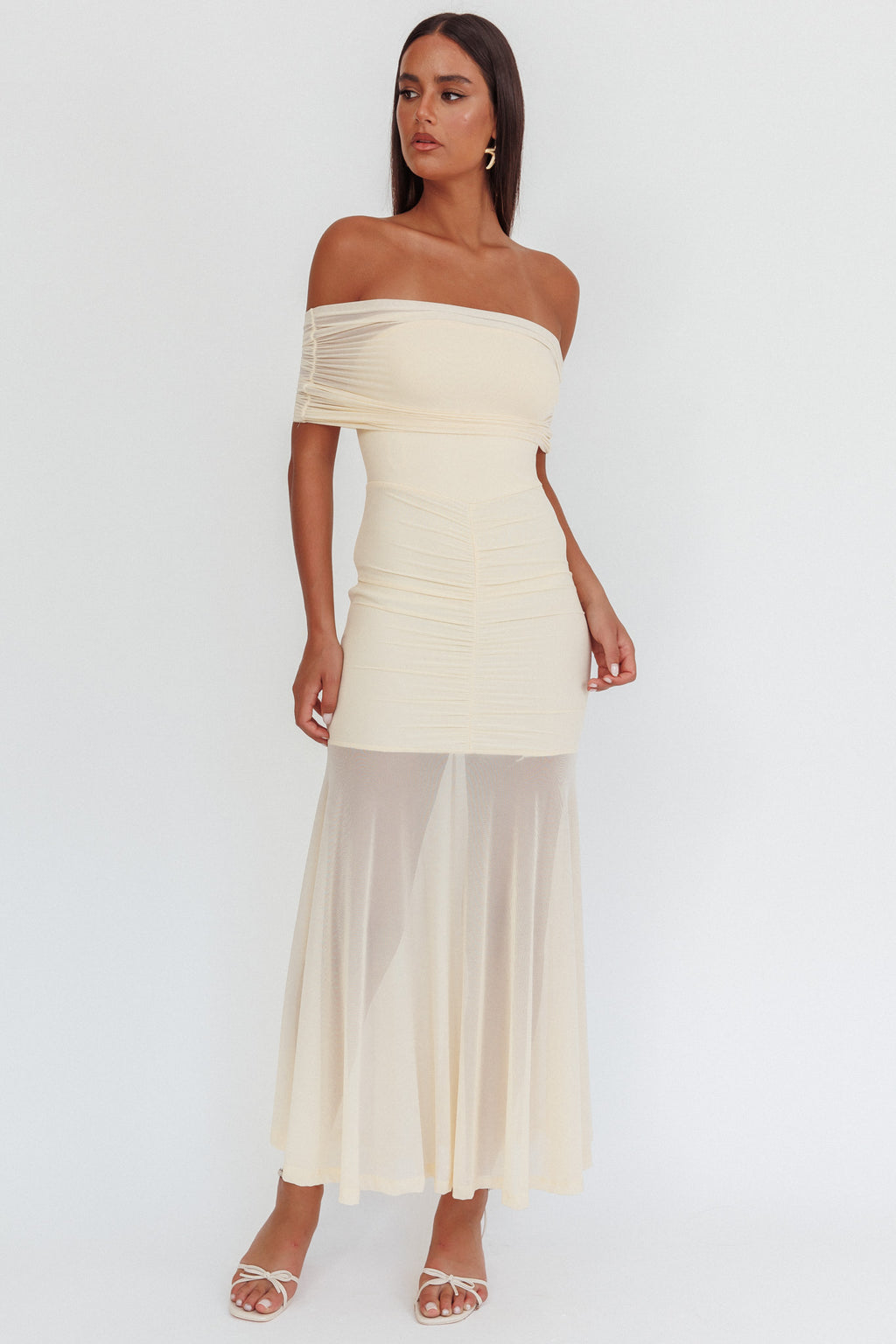 Clarita Sheer Ruched Maxi Dress Cream by Selfie Leslie
