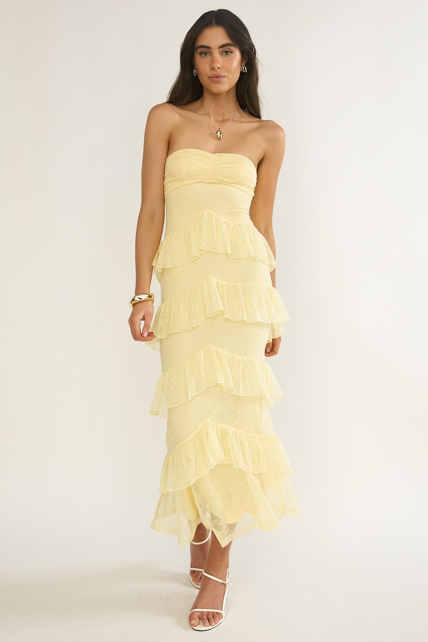 Dulce Dreams Sweetheart Neckline Lace Frill Maxi Dress Butter by Selfie Leslie