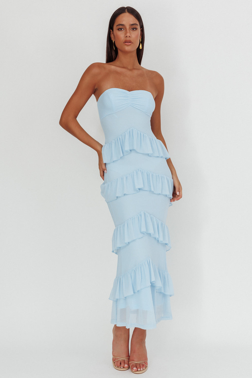 Dulce Dreams Sweetheart Neckline Frill Maxi Dress Blue by Selfie Leslie
