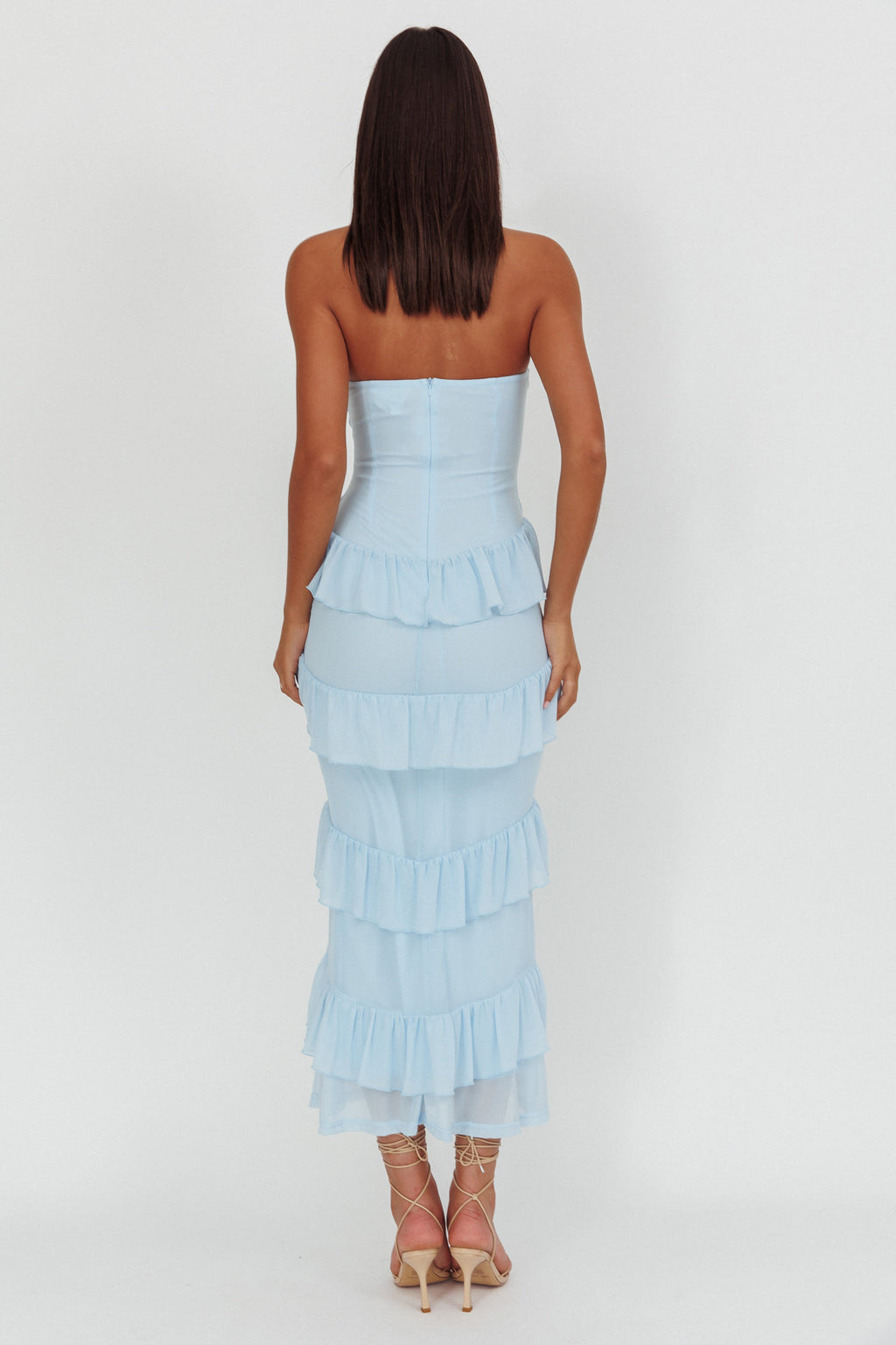 Dulce Dreams Sweetheart Neckline Frill Maxi Dress Blue by Selfie Leslie