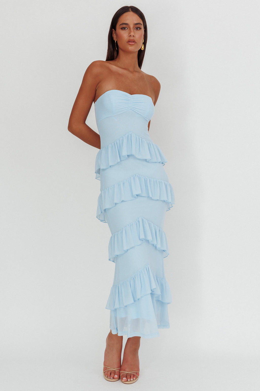Dulce Dreams Sweetheart Neckline Frill Maxi Dress Blue by Selfie Leslie