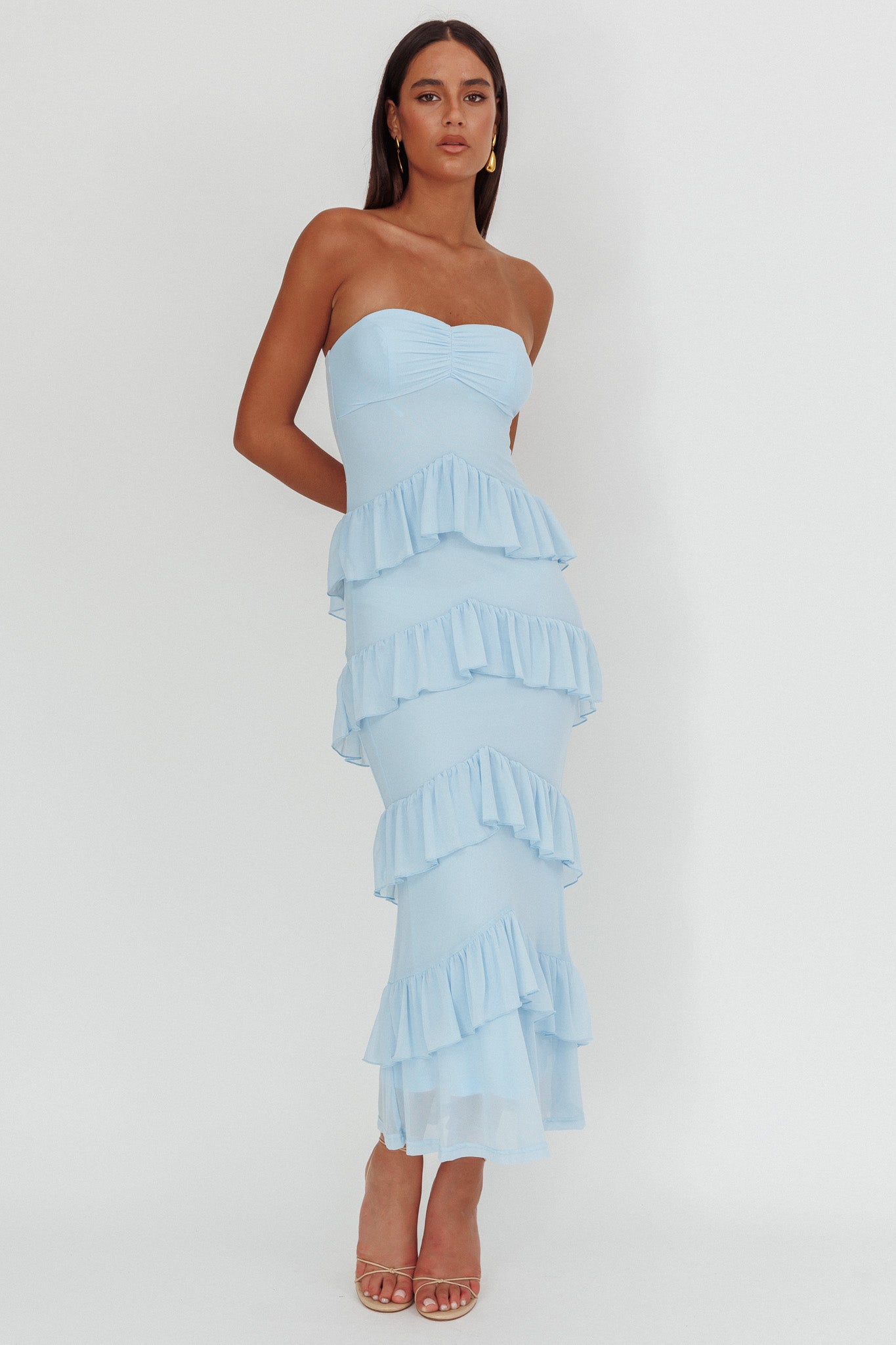 Dulce Dreams Sweetheart Neckline Frill Maxi Dress Blue by Selfie Leslie