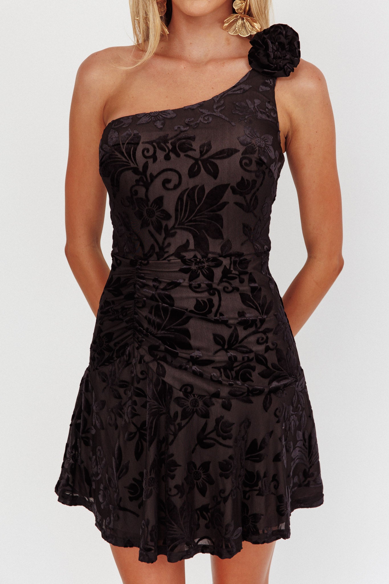 Midnight Aura One Shoulder Mini Dress Black by Selfie Leslie