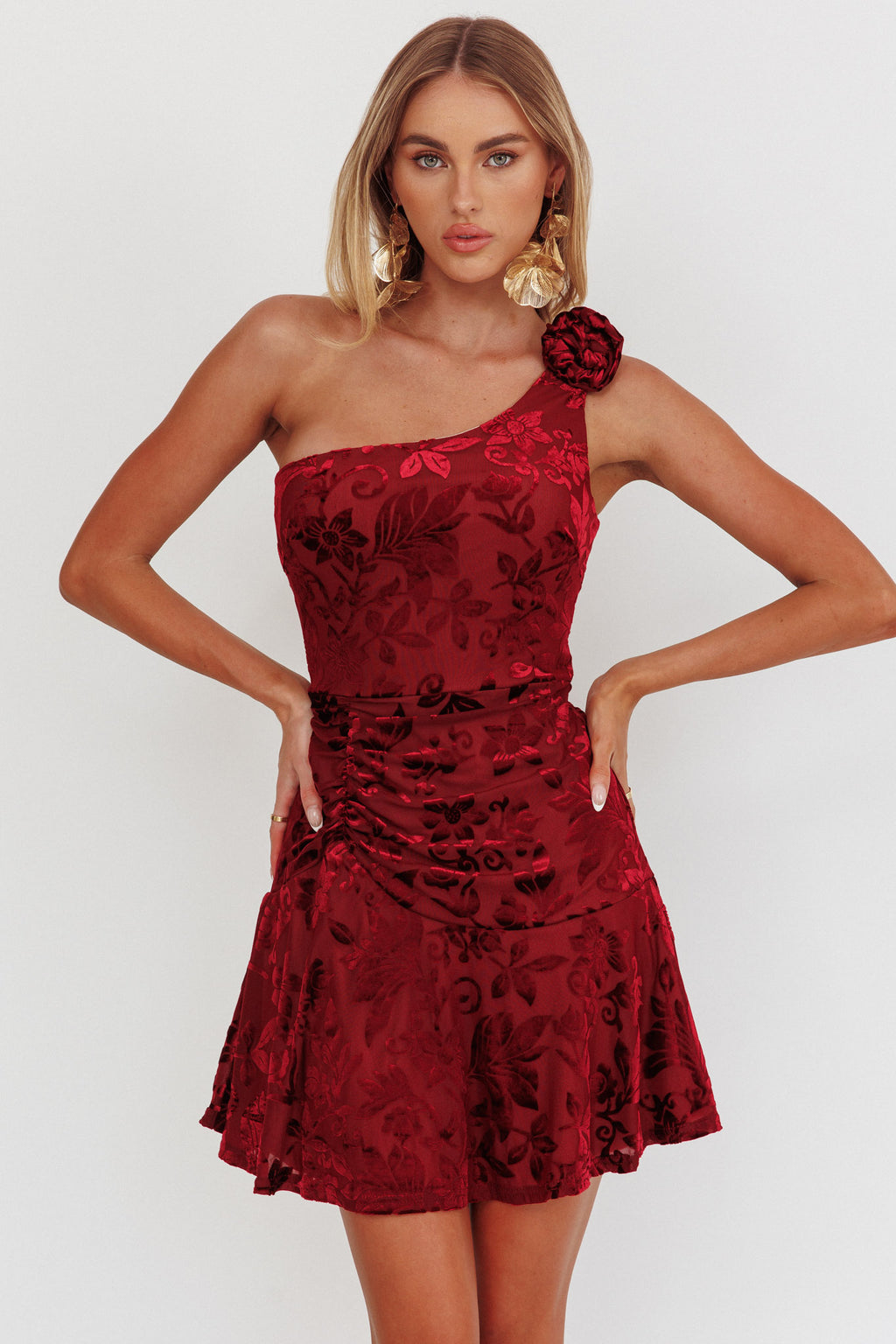Midnight Aura One Shoulder Mini Dress Wine by Selfie Leslie