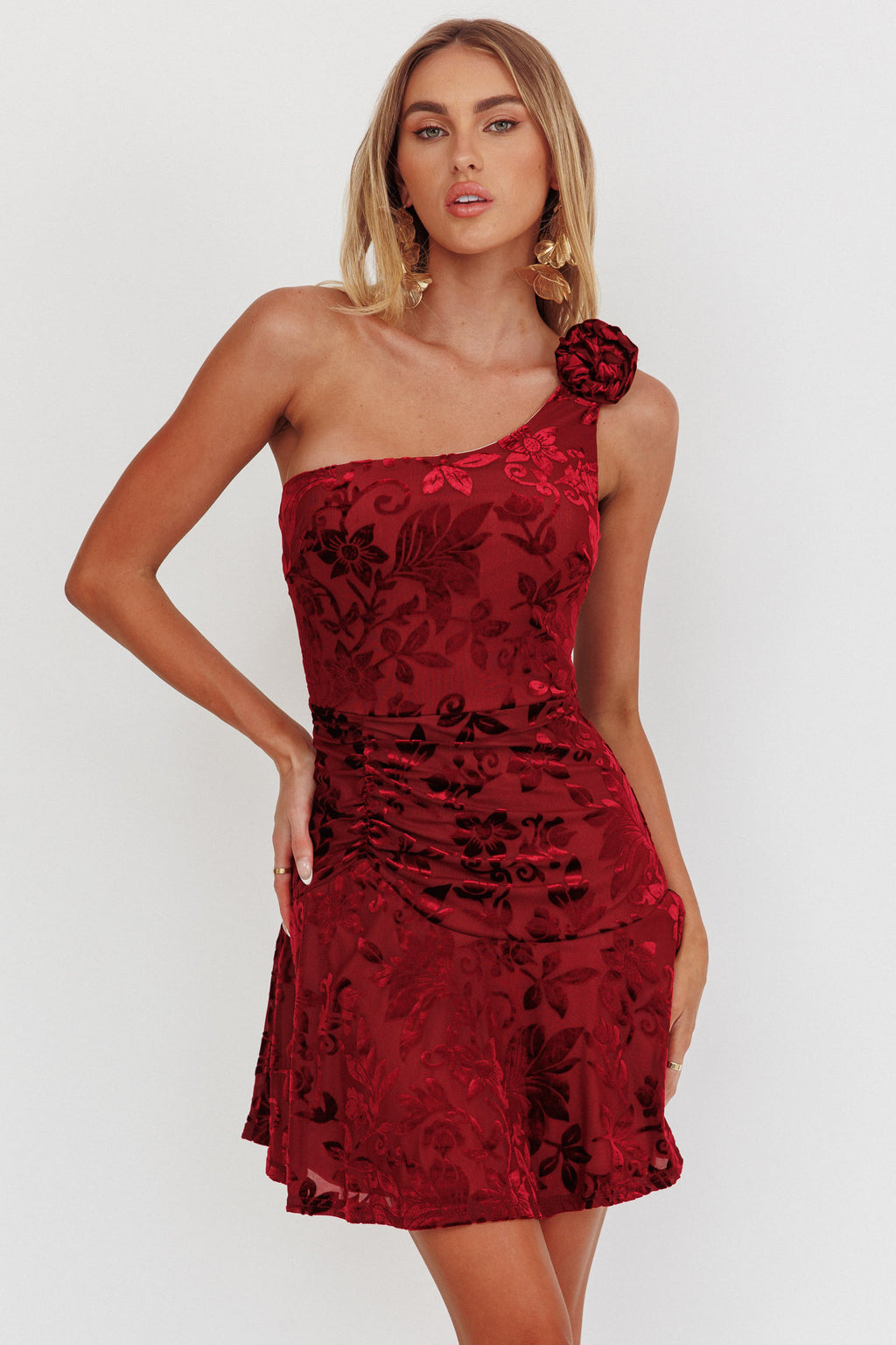 Midnight Aura One Shoulder Mini Dress Wine by Selfie Leslie