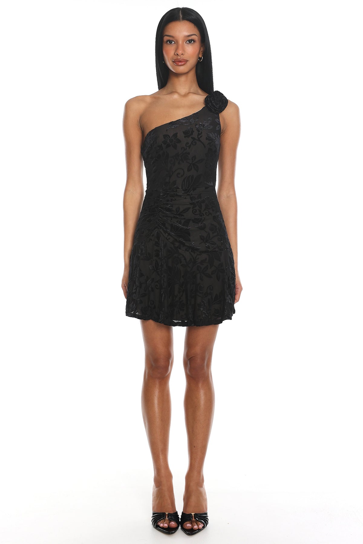 Midnight Aura One Shoulder Mini Dress Black by Selfie Leslie