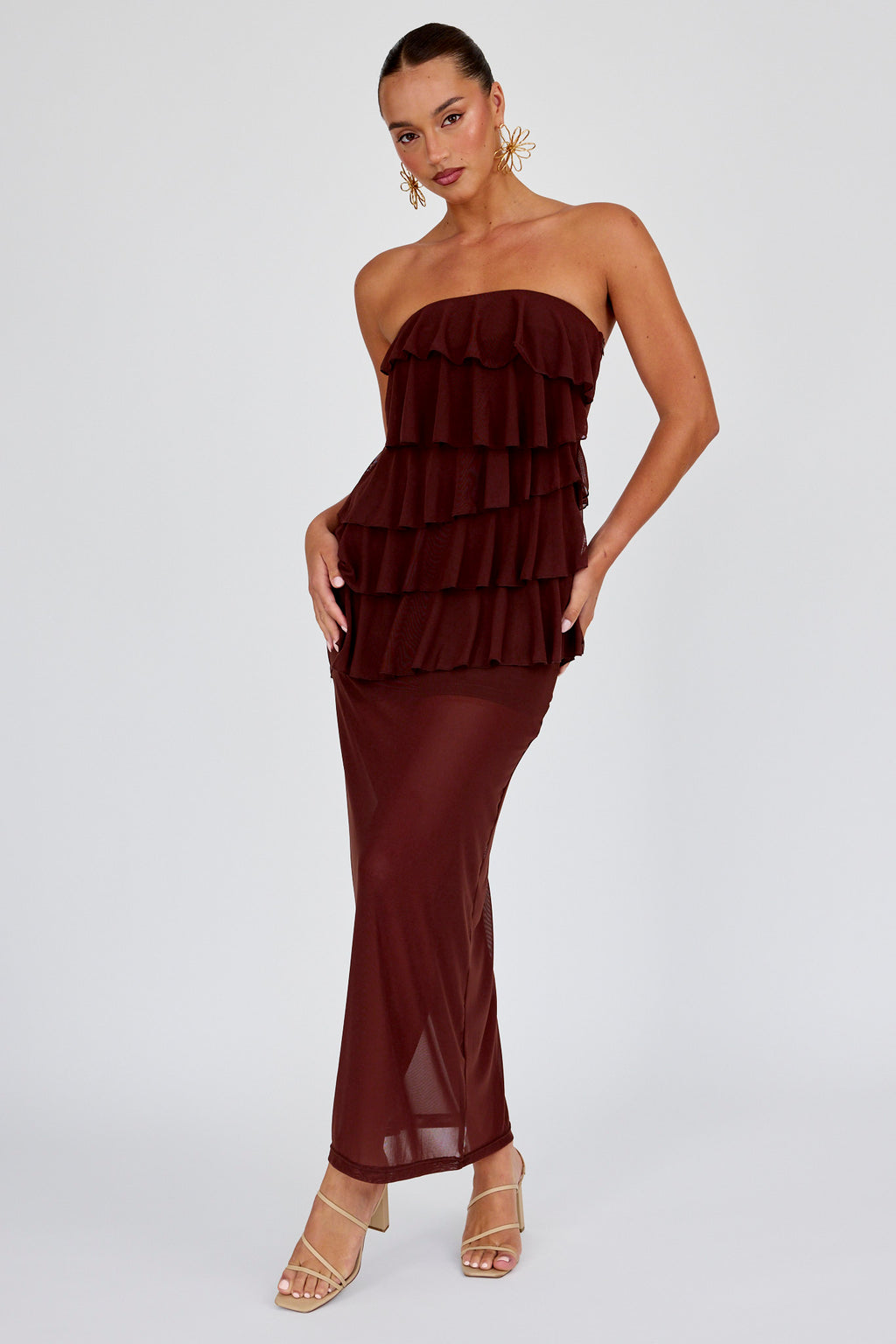 Crewe Strapless Ruffle Maxi Dress Chocolate by Selfie Leslie