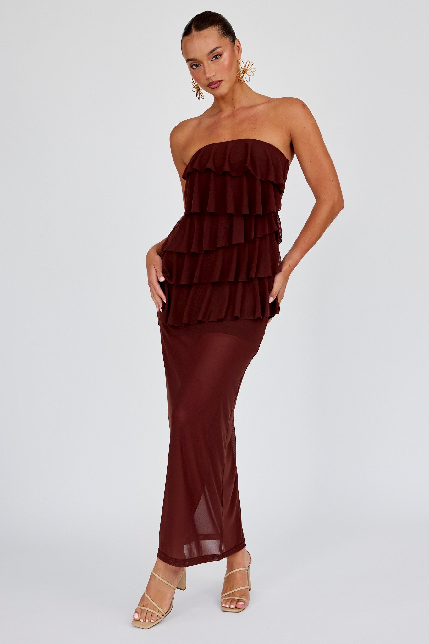 Crewe Strapless Ruffle Maxi Dress Chocolate by Selfie Leslie