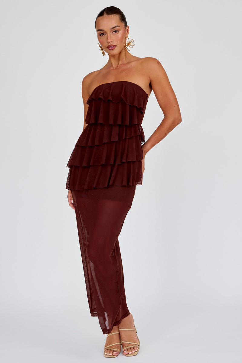 Keep Them Talking Ruched Waist Maxi Dress Chocolate