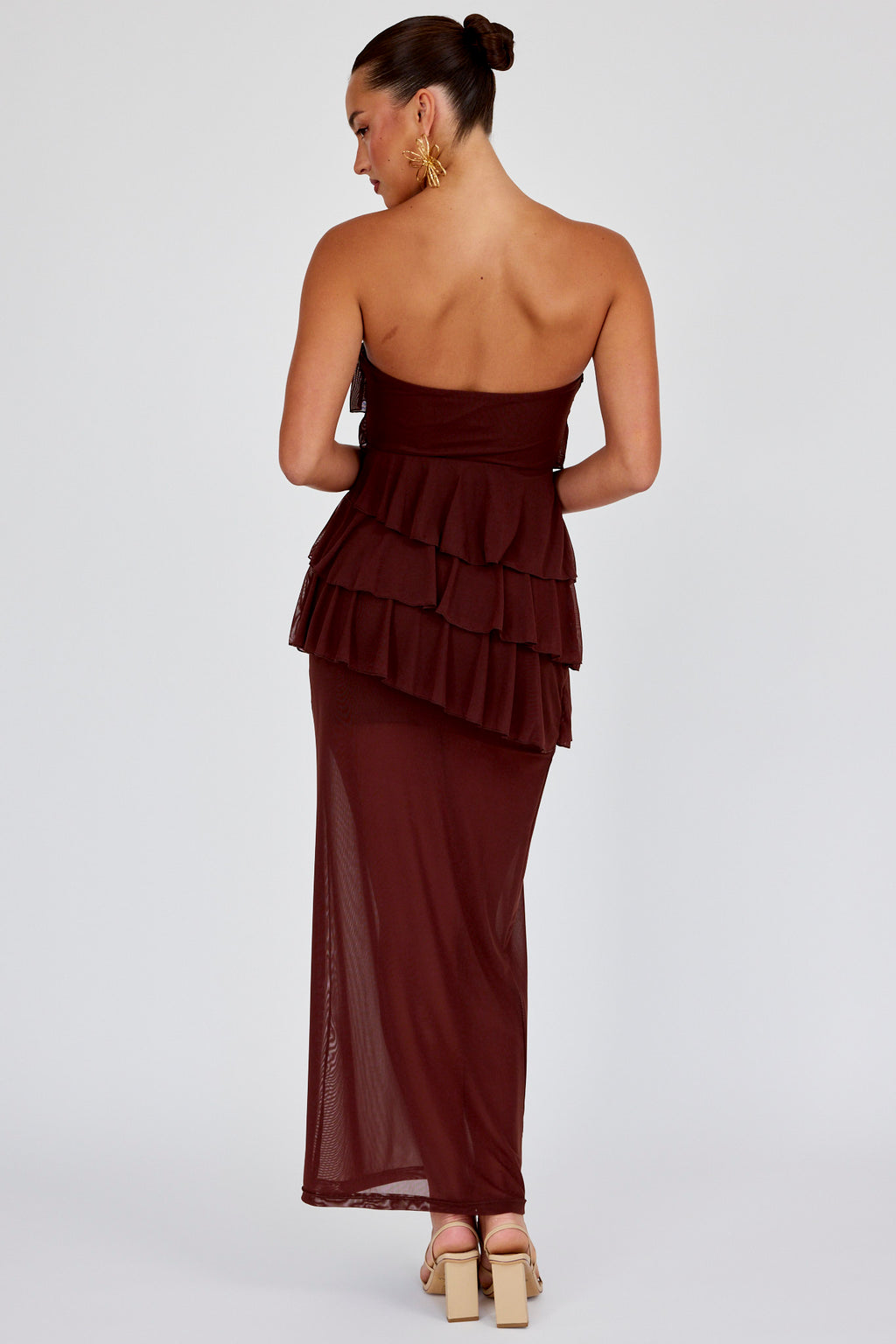 Crewe Strapless Ruffle Maxi Dress Chocolate by Selfie Leslie
