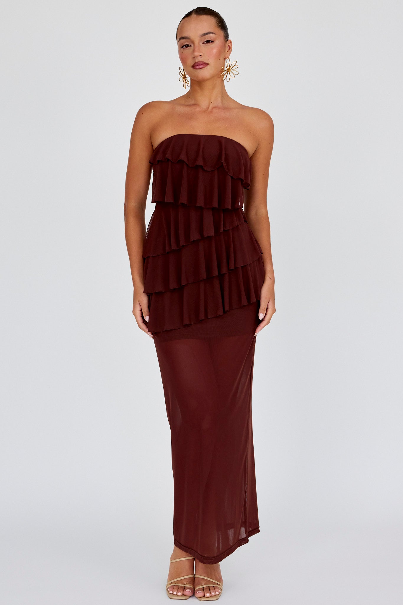 Crewe Strapless Ruffle Maxi Dress Chocolate by Selfie Leslie
