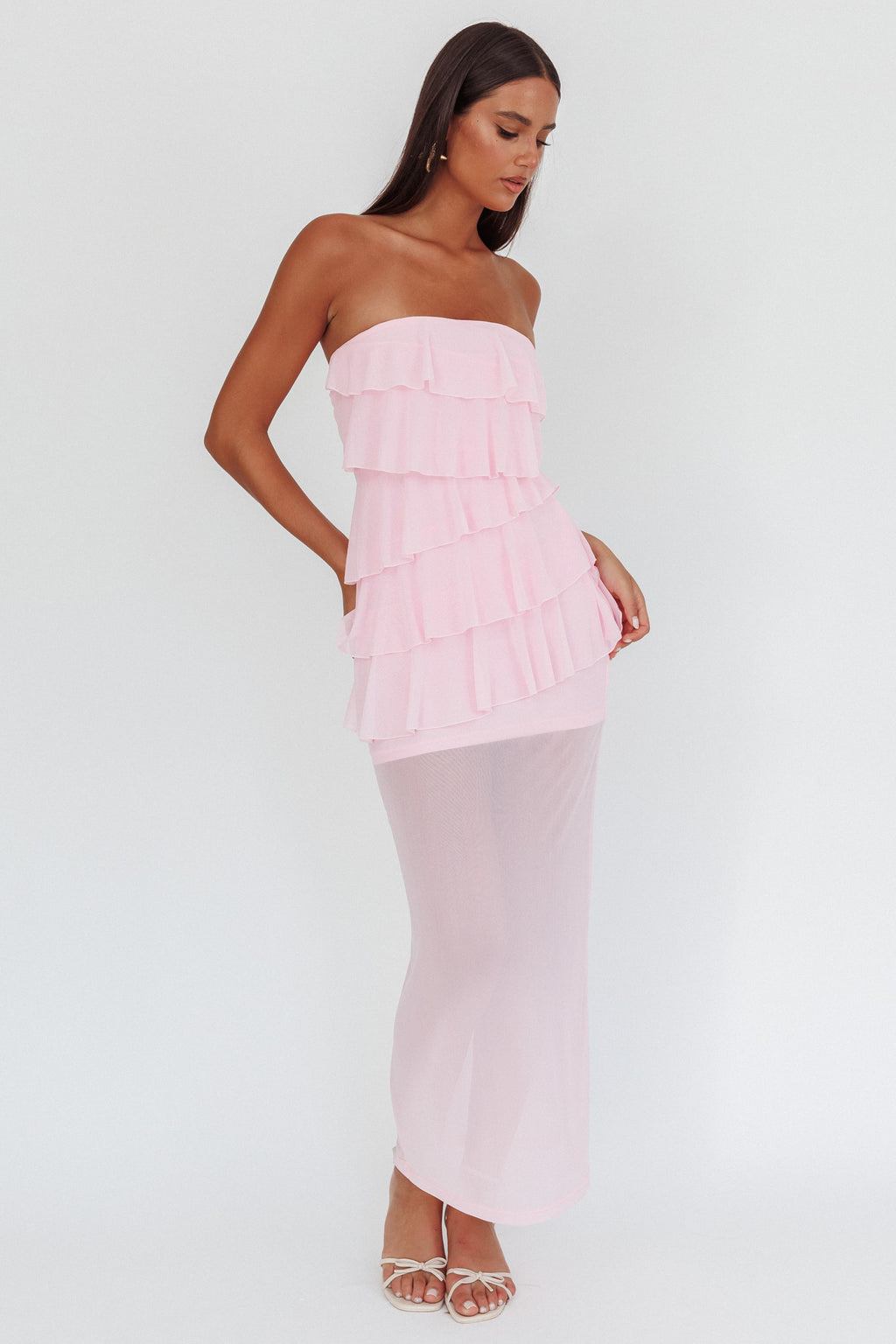 Crewe Strapless Ruffle Maxi Dress Pink by Selfie Leslie