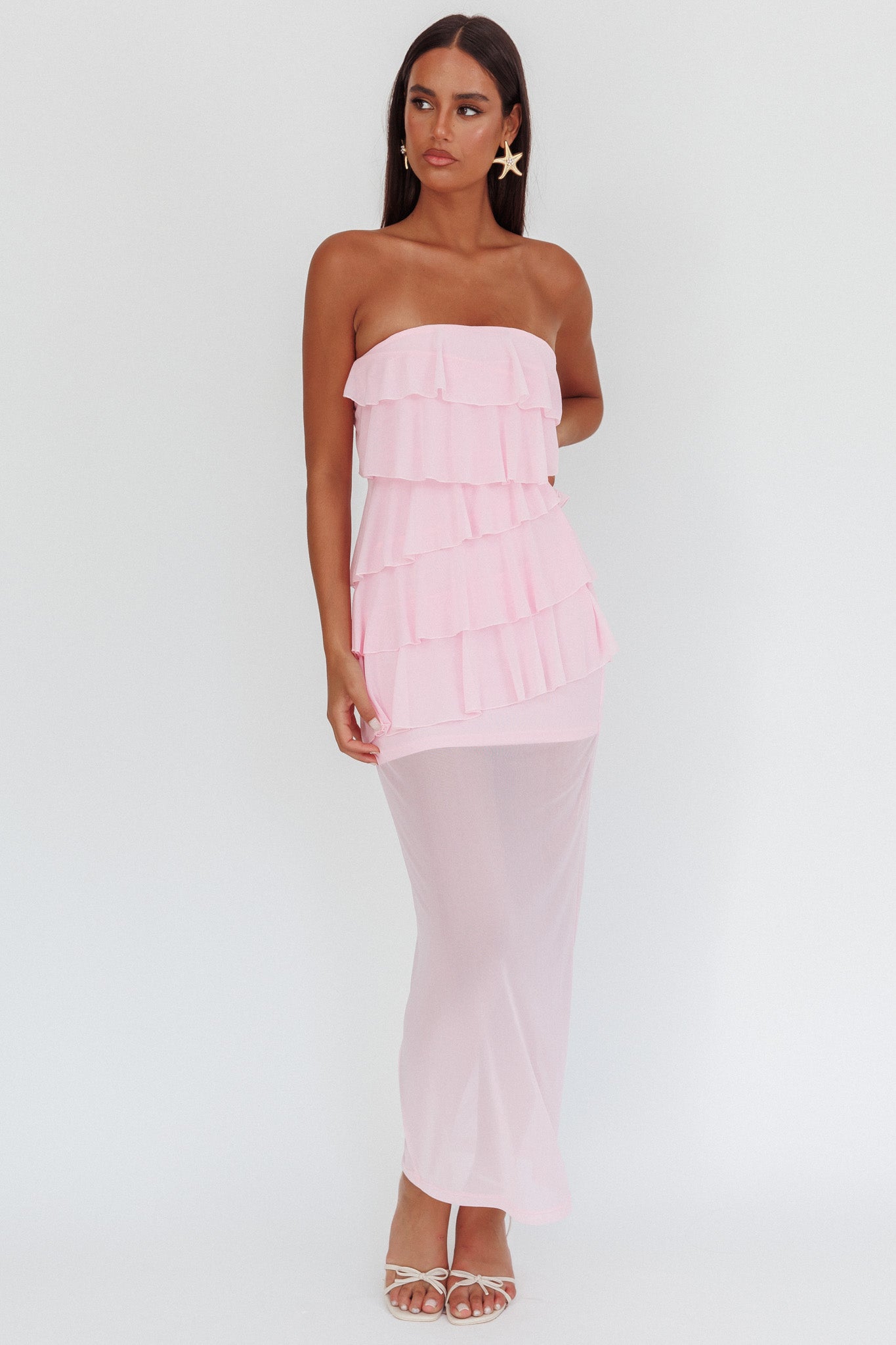 Crewe Strapless Ruffle Maxi Dress Pink by Selfie Leslie