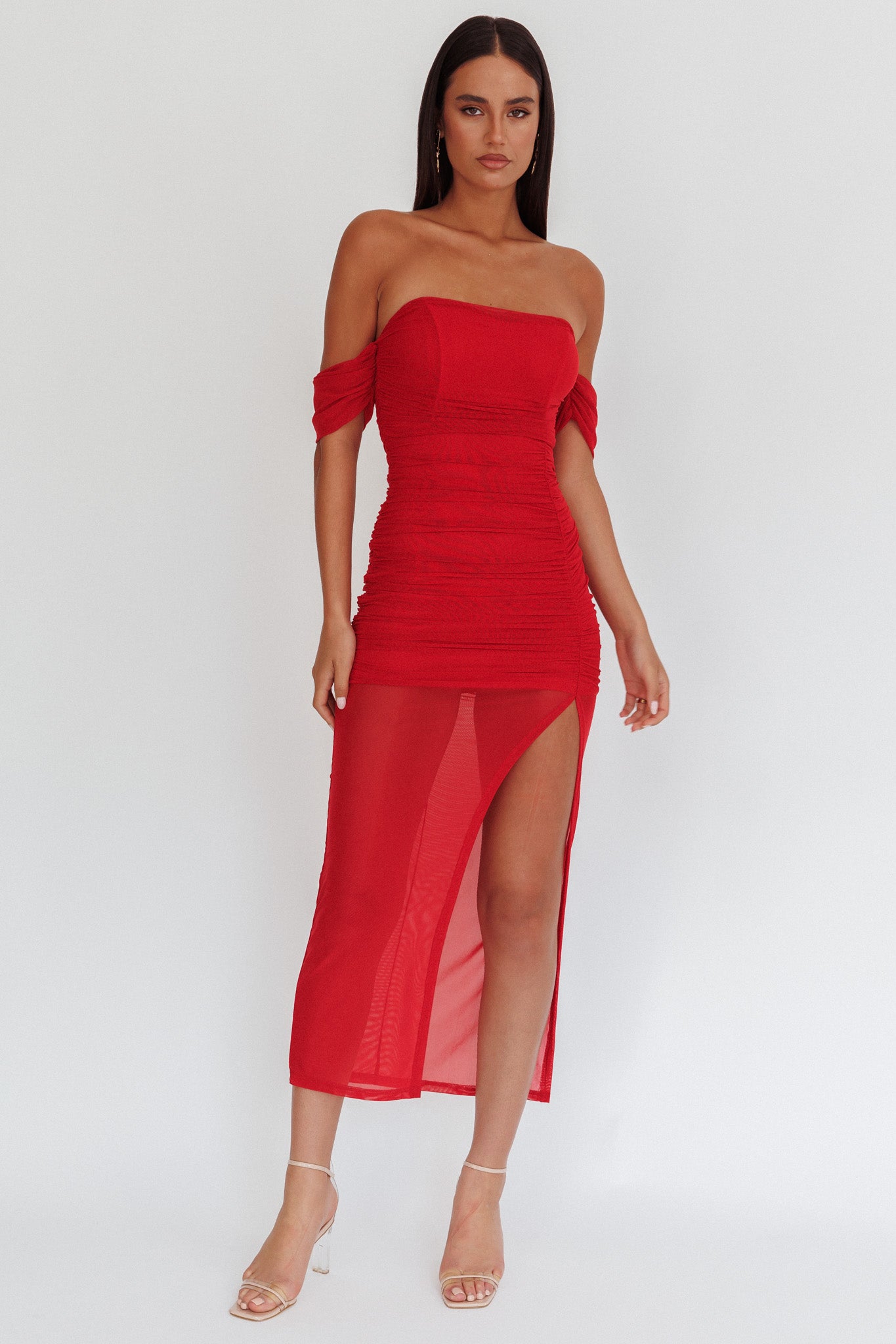 Melonie Off-Shoulder Mesh Maxi Dress Red by Selfie Leslie