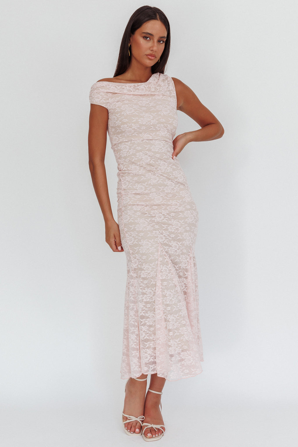 Diana Asymmetric Shoulder Godet Maxi Dress Lace Pink by Selfie Leslie