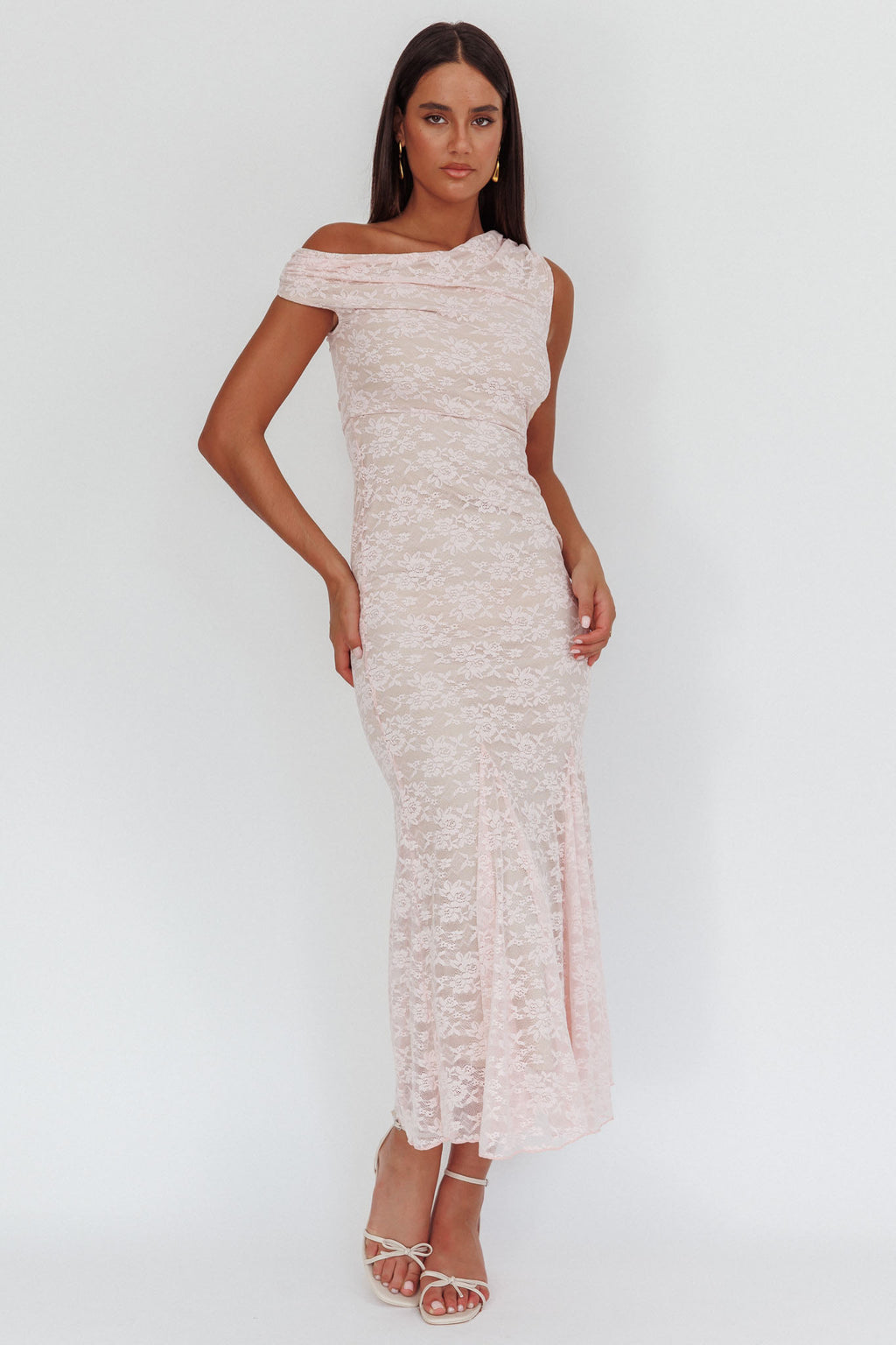 Diana Asymmetric Shoulder Godet Maxi Dress Lace Pink by Selfie Leslie
