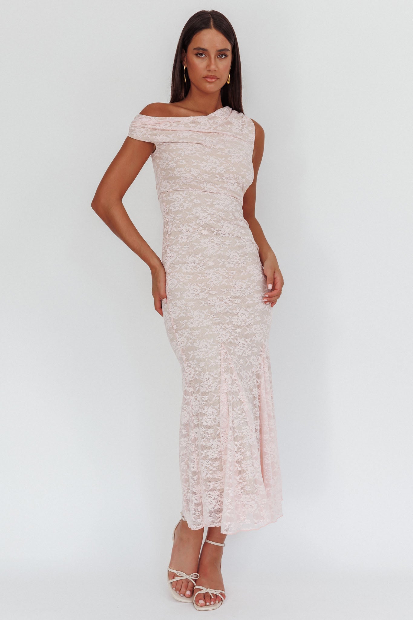 Diana Asymmetric Shoulder Godet Maxi Dress Lace Pink by Selfie Leslie