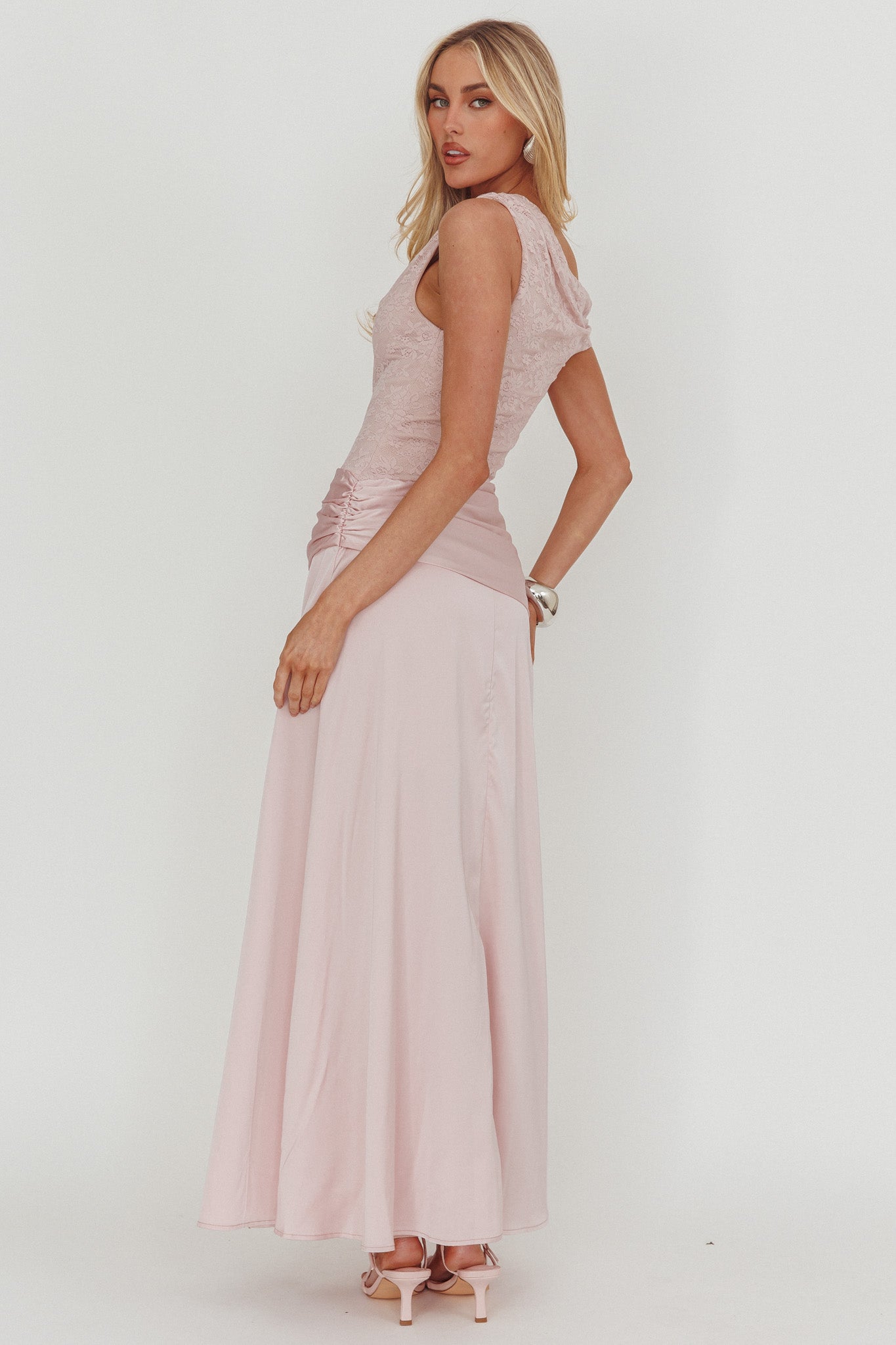 Diana Asymmetric Shoulder Pleat Waist Maxi Dress Blush by Selfie Leslie