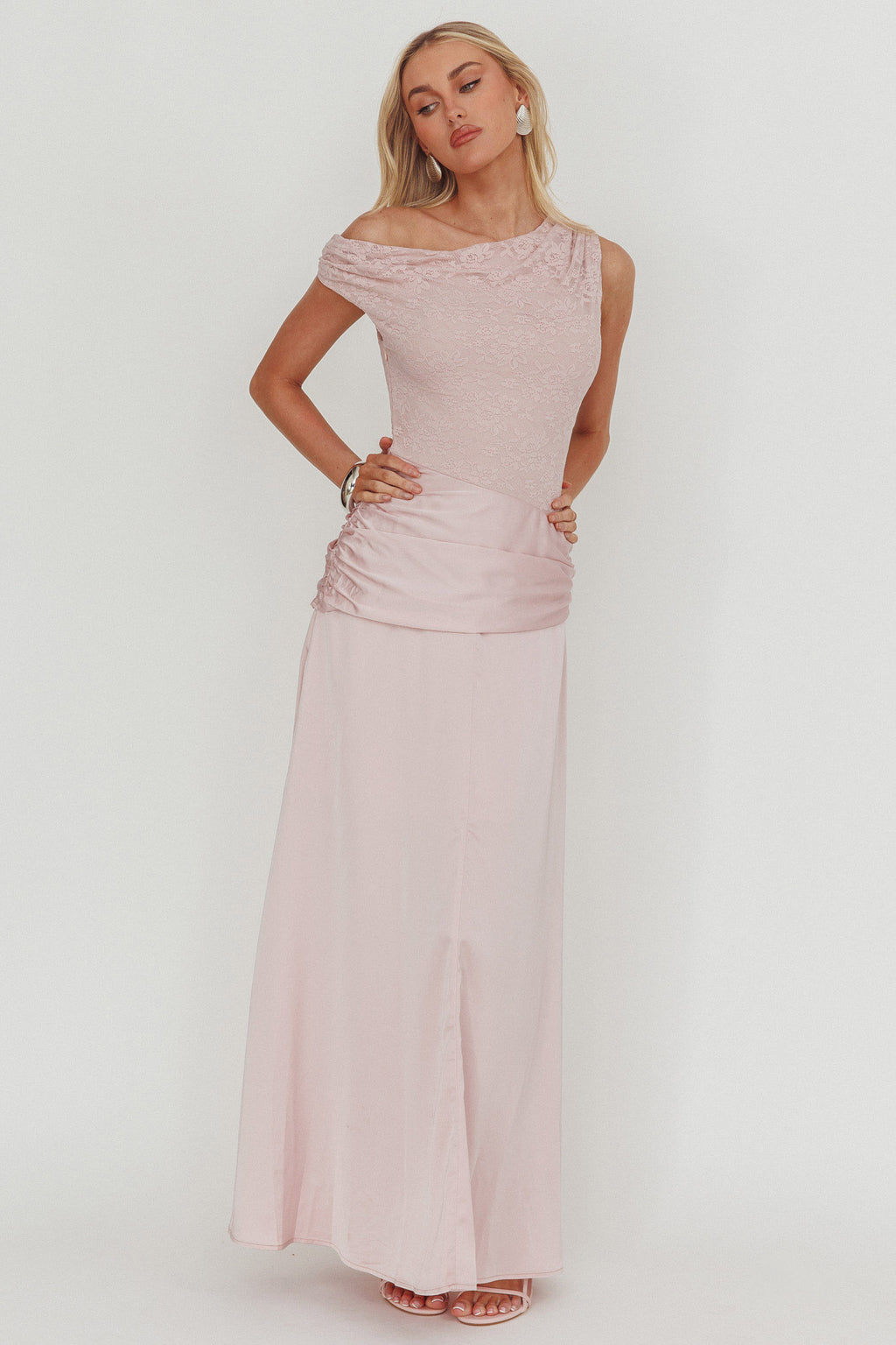 Diana Asymmetric Shoulder Pleat Waist Maxi Dress Blush by Selfie Leslie