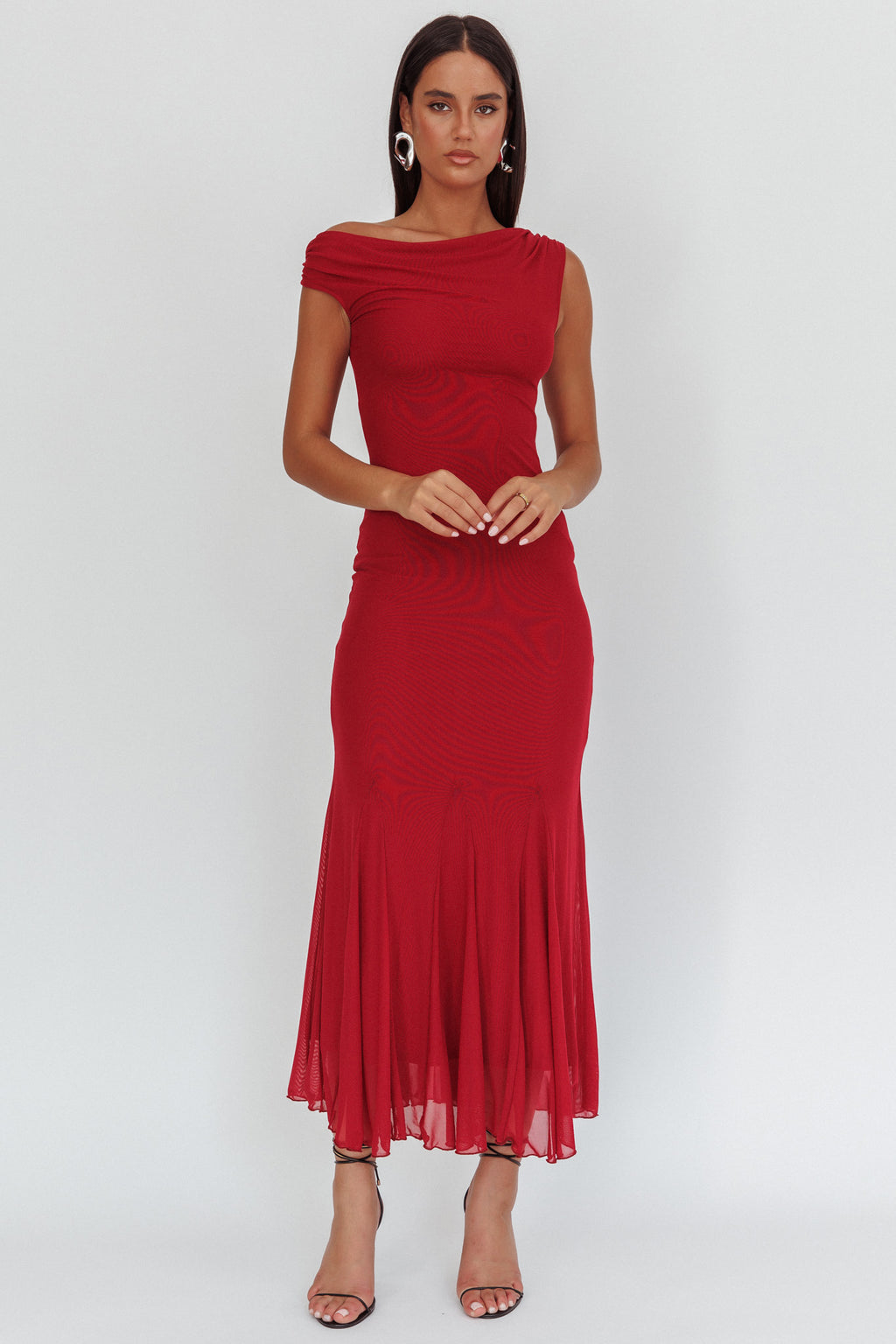 Diana Asymmetric Shoulder Godet Maxi Dress Wine by Selfie Leslie