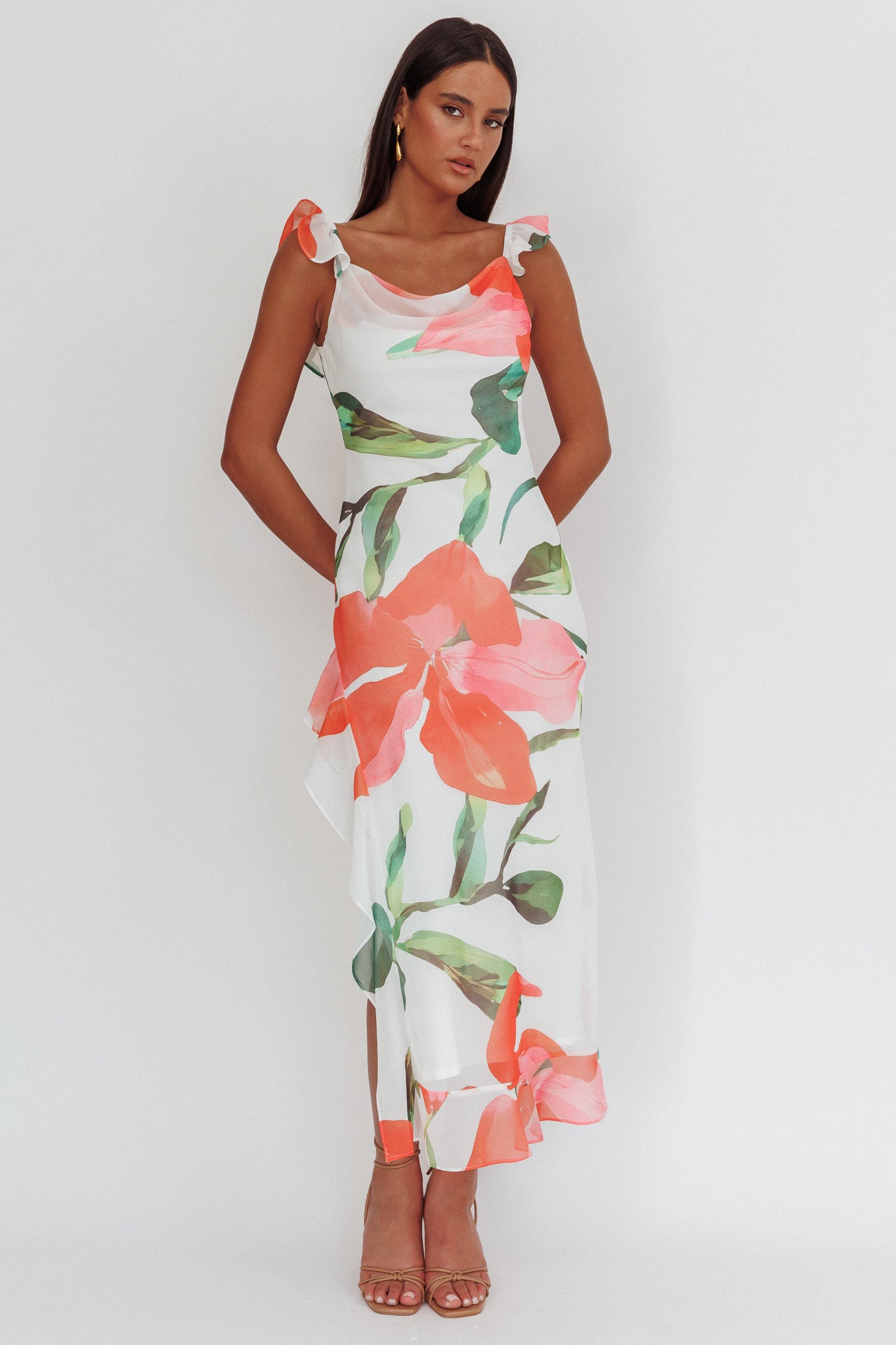 Loula Ruffle Strap Maxi Dress Floral Red by Selfie Leslie