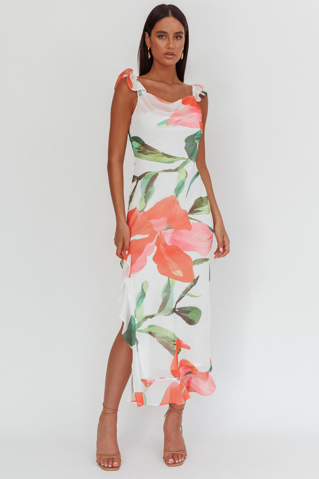 Loula Ruffle Strap Maxi Dress Floral Red by Selfie Leslie