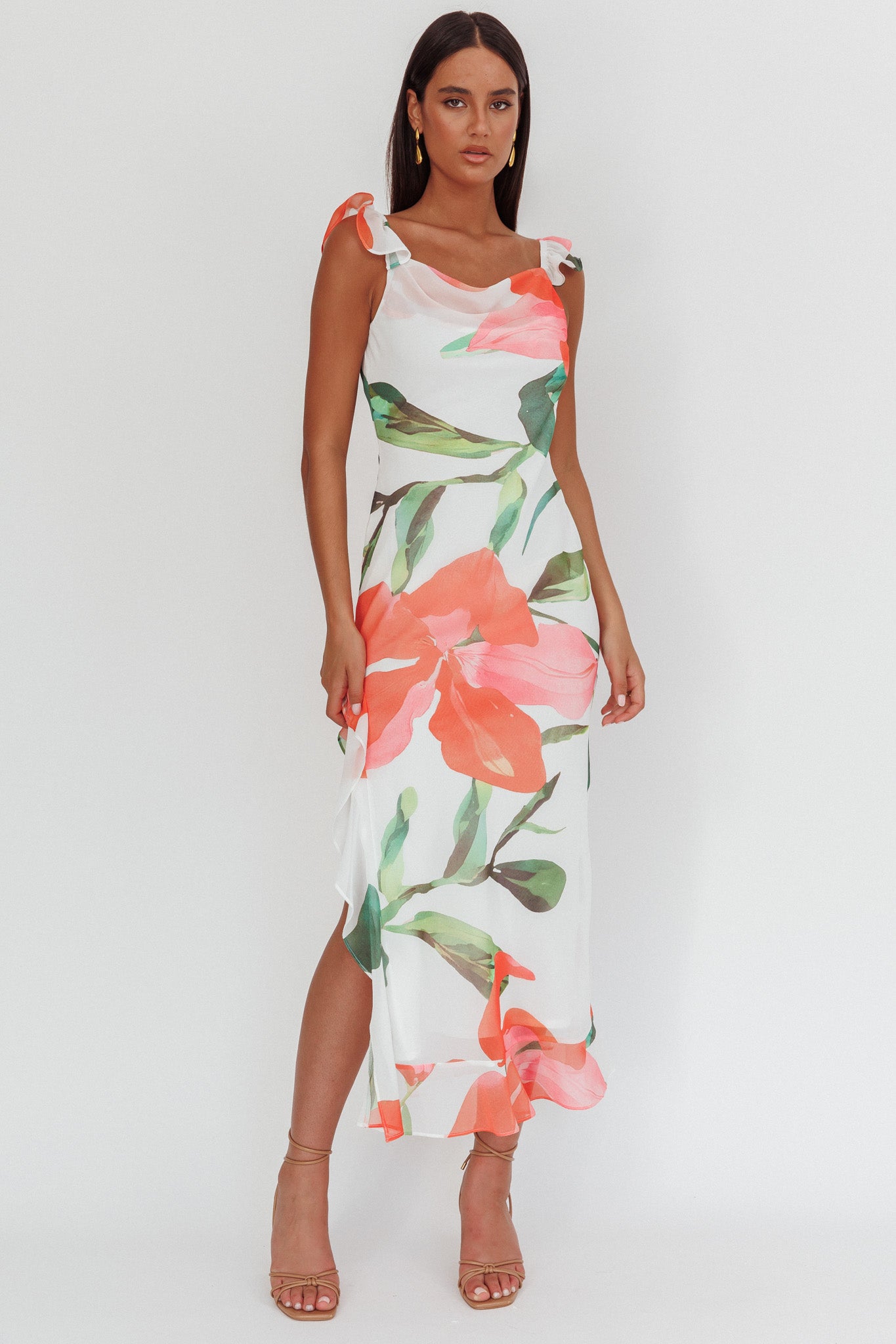 Loula Ruffle Strap Maxi Dress Floral Red by Selfie Leslie