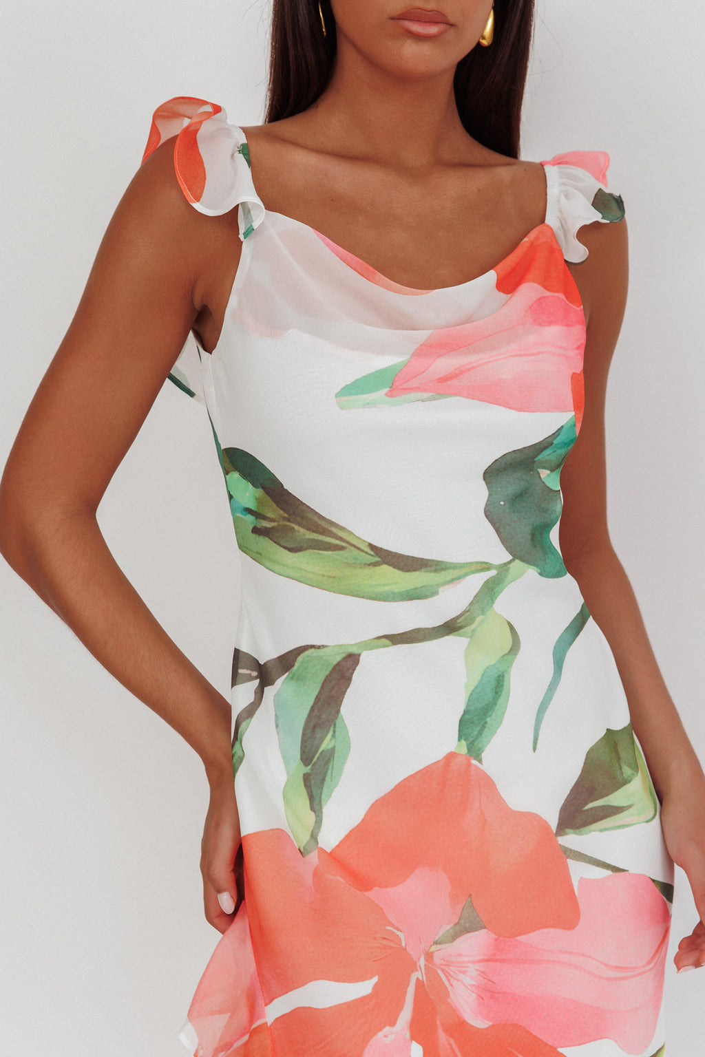 Loula Ruffle Strap Maxi Dress Floral Red by Selfie Leslie