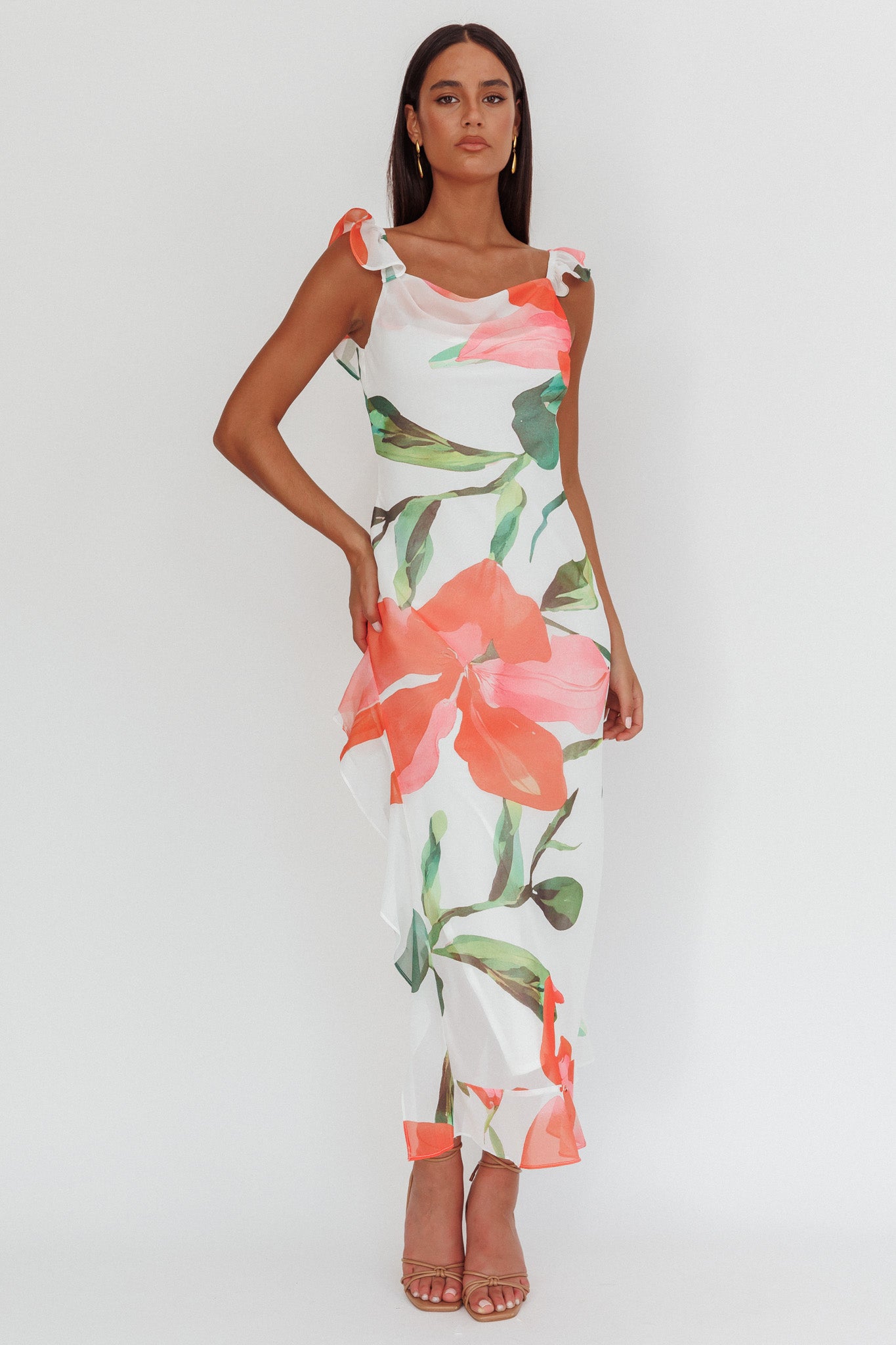 Loula Ruffle Strap Maxi Dress Floral Red by Selfie Leslie