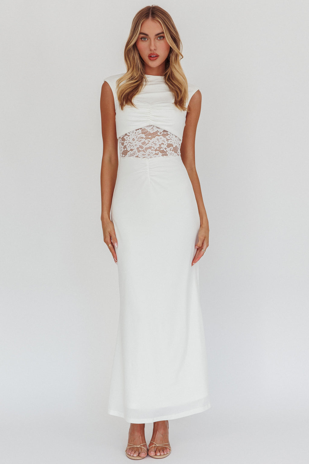 Solara Lace Waist Maxi Dress White by Selfie Leslie