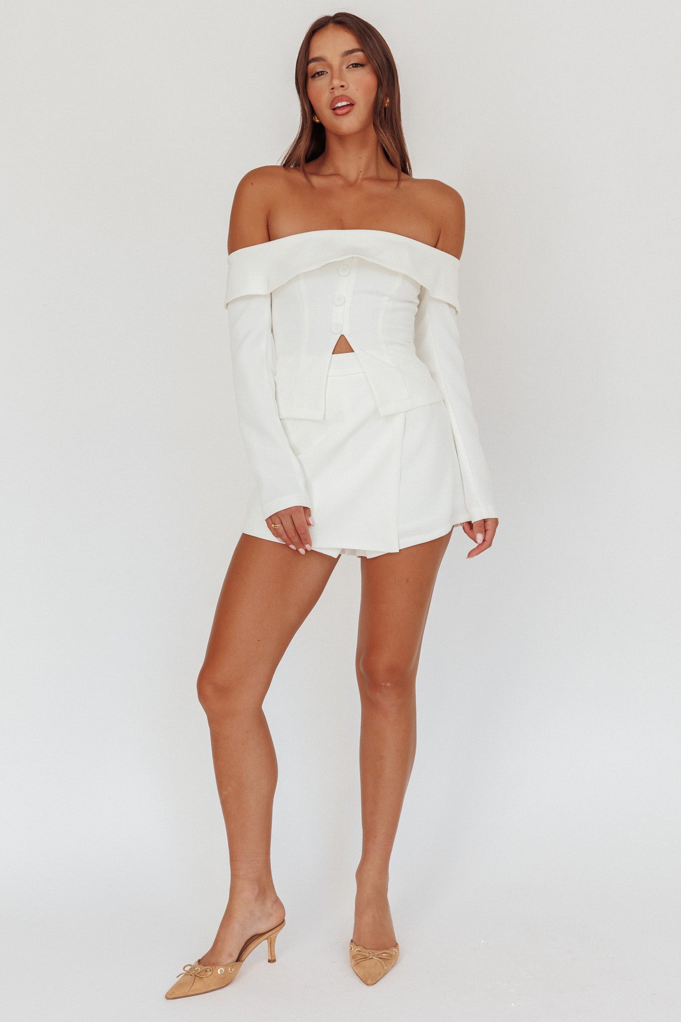 Adalis High Waist Wrap Front Shorts Off White by Selfie Leslie