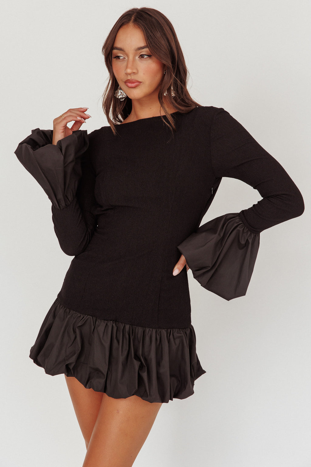 Promise Bubble Hem Open Back Mini Dress Black by Selfie Leslie