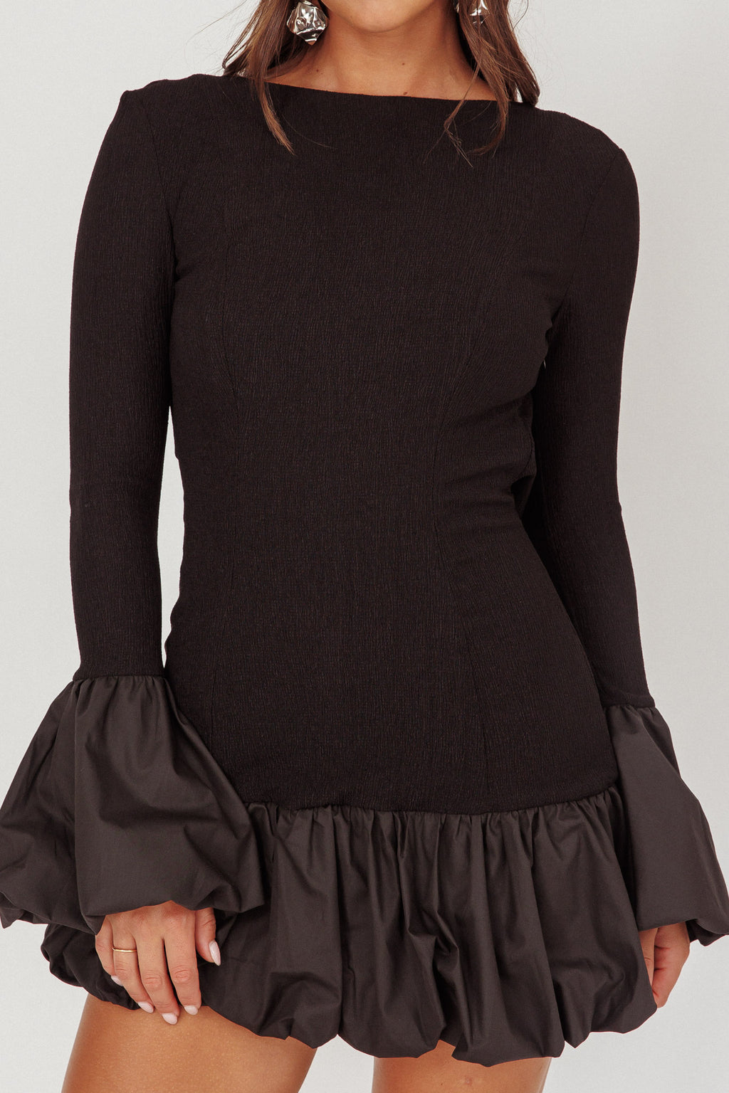 Promise Bubble Hem Open Back Mini Dress Black by Selfie Leslie