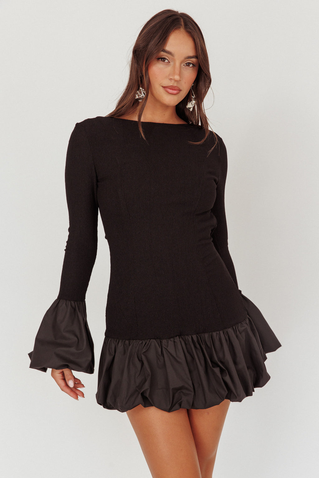Promise Bubble Hem Open Back Mini Dress Black by Selfie Leslie