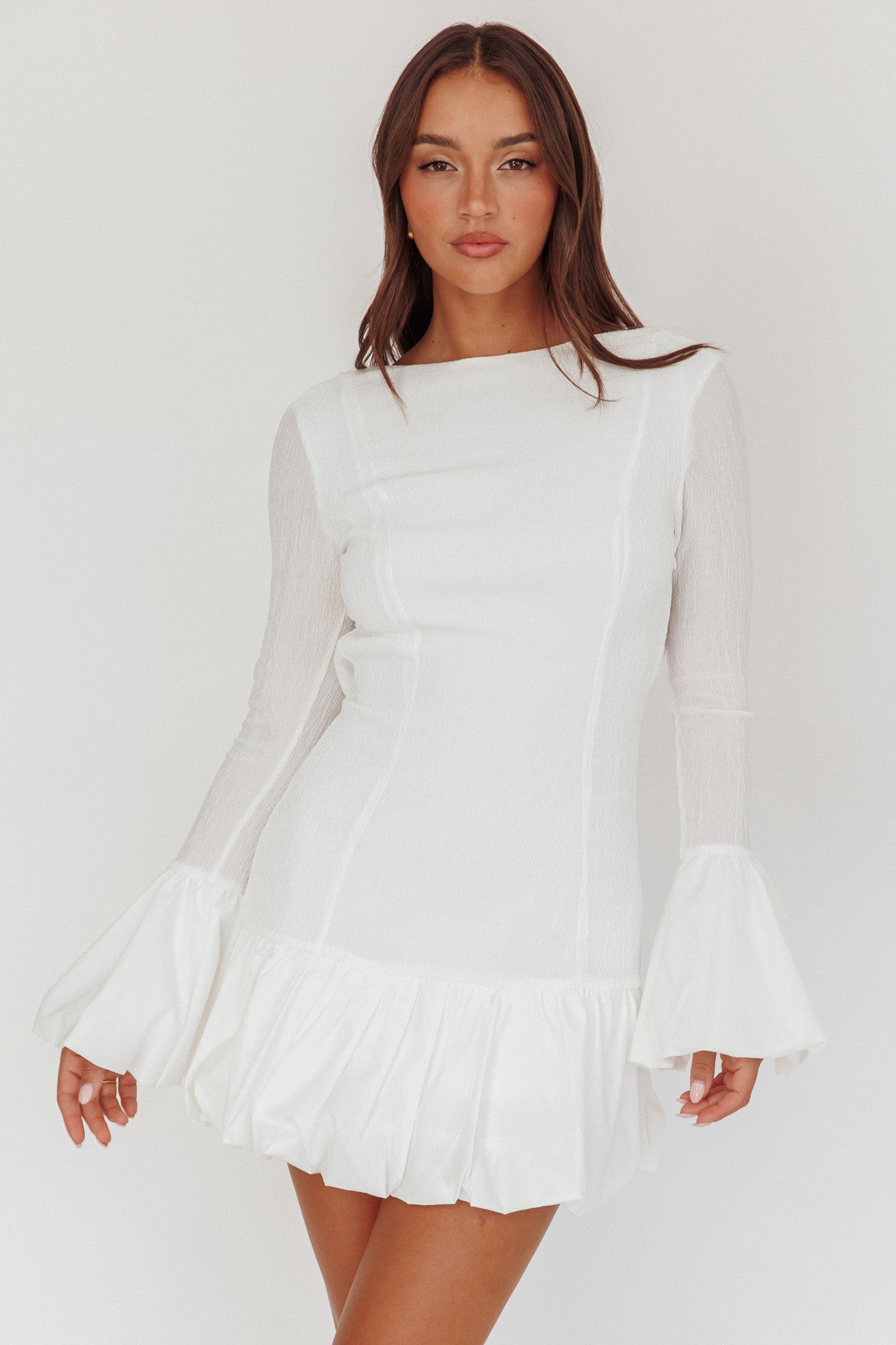 Promise Bubble Hem Open Back Mini Dress White by Selfie Leslie