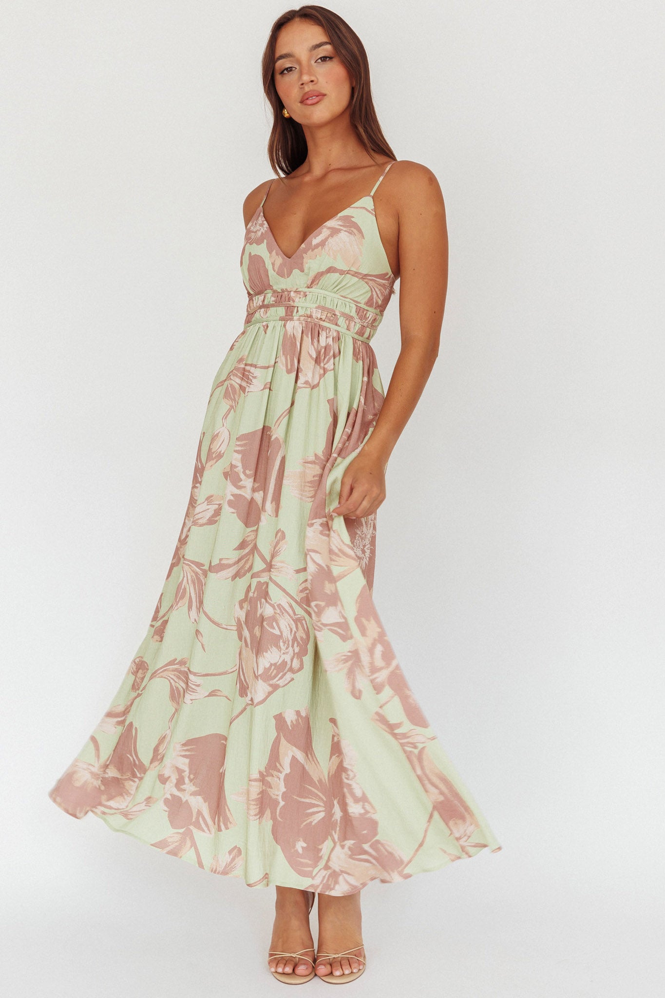 Sunny Afternoon Gathered Waist Maxi Dress Floral Sage by Selfie Leslie