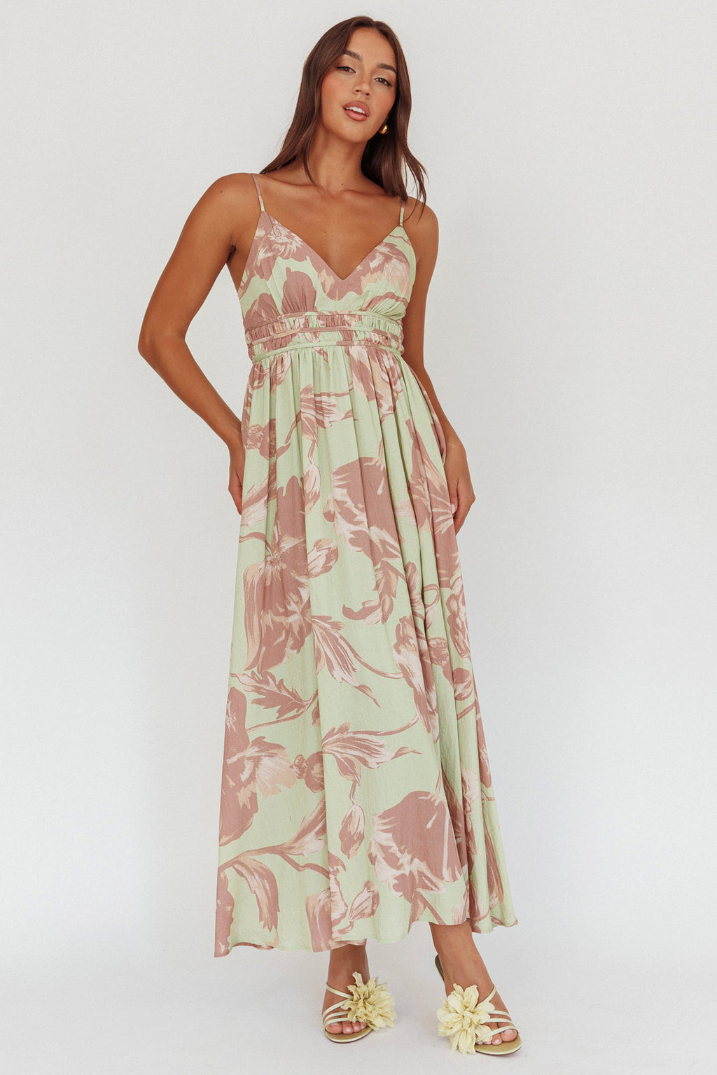 Sunny Afternoon Gathered Waist Maxi Dress Floral Sage by Selfie Leslie
