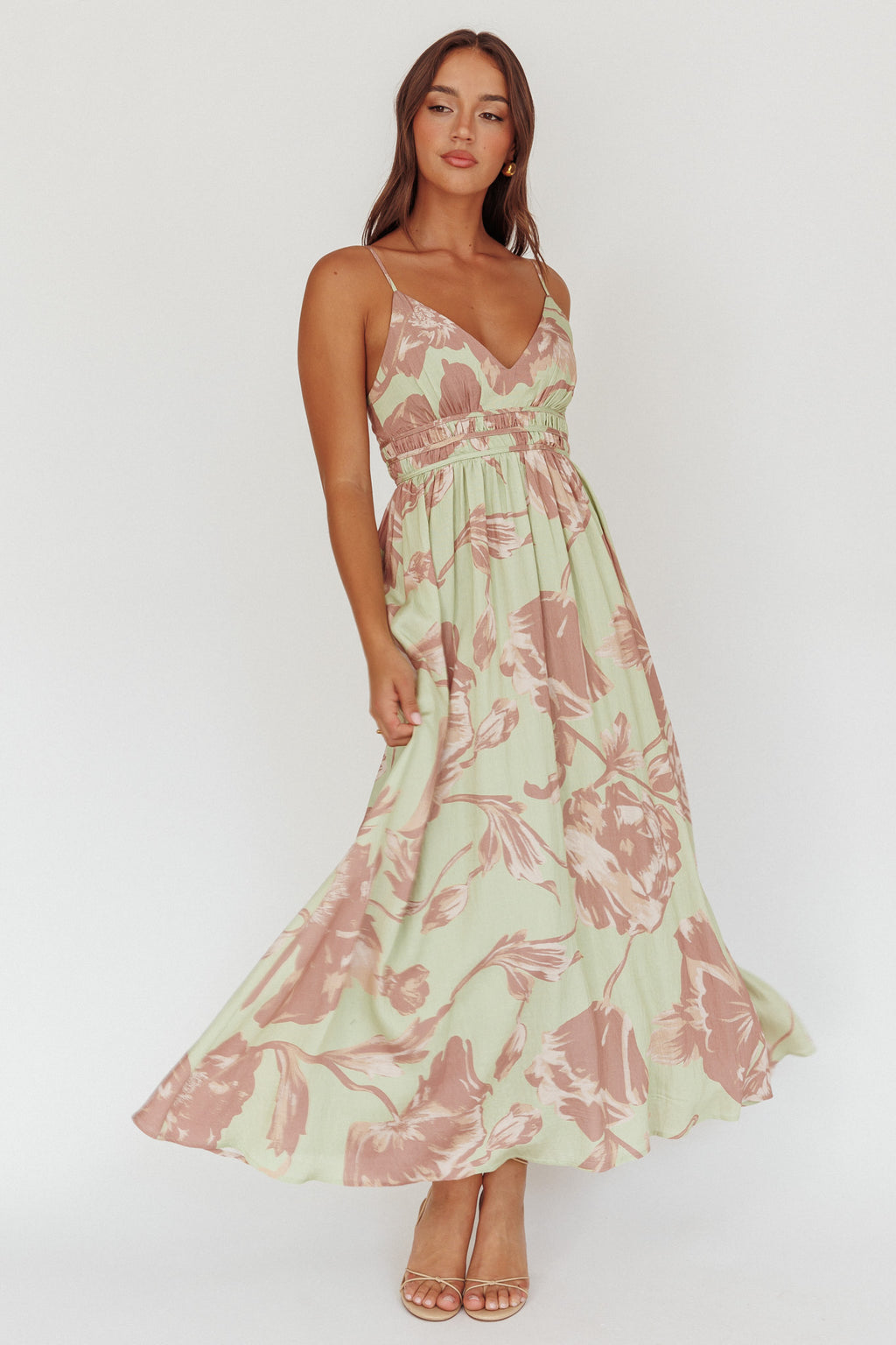 Sunny Afternoon Gathered Waist Maxi Dress Floral Sage by Selfie Leslie