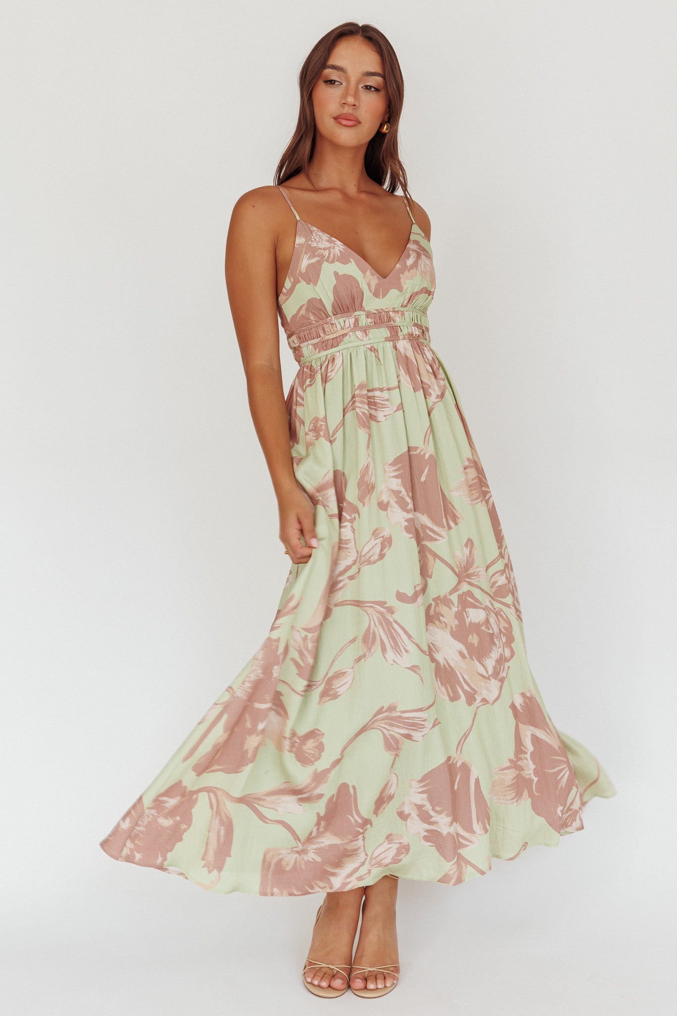 Sunny Afternoon Gathered Waist Maxi Dress Floral Sage by Selfie Leslie