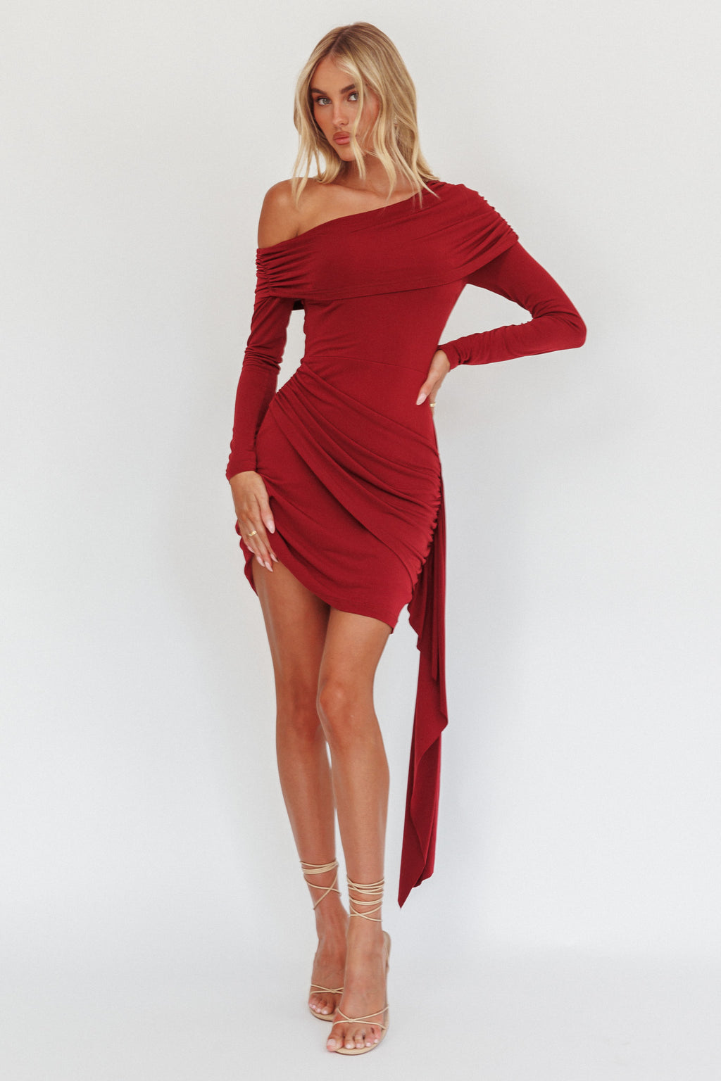 Afroditi Side Sash Draped Mini Dress Wine by Selfie Leslie
