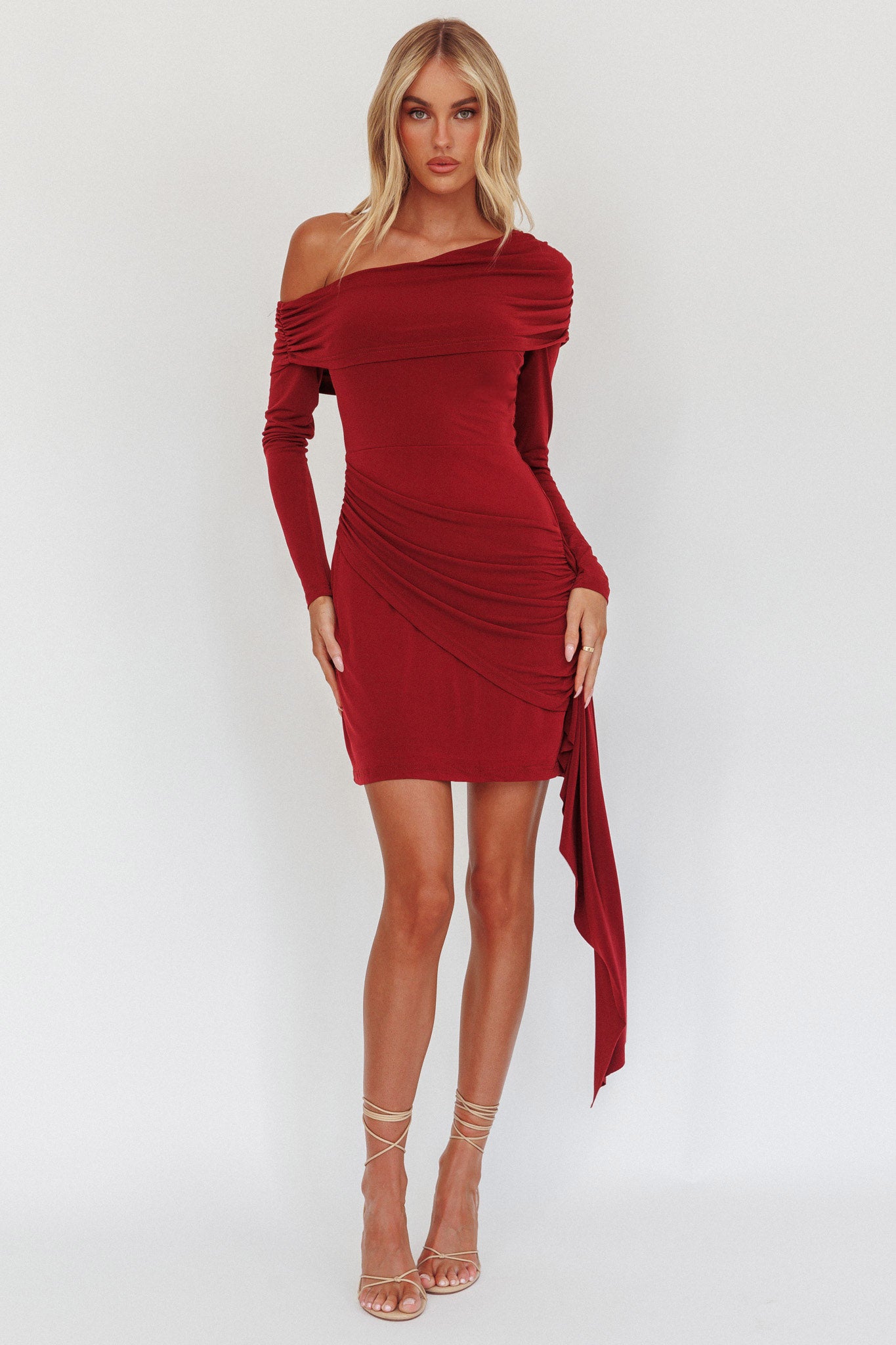 Afroditi Side Sash Draped Mini Dress Wine by Selfie Leslie
