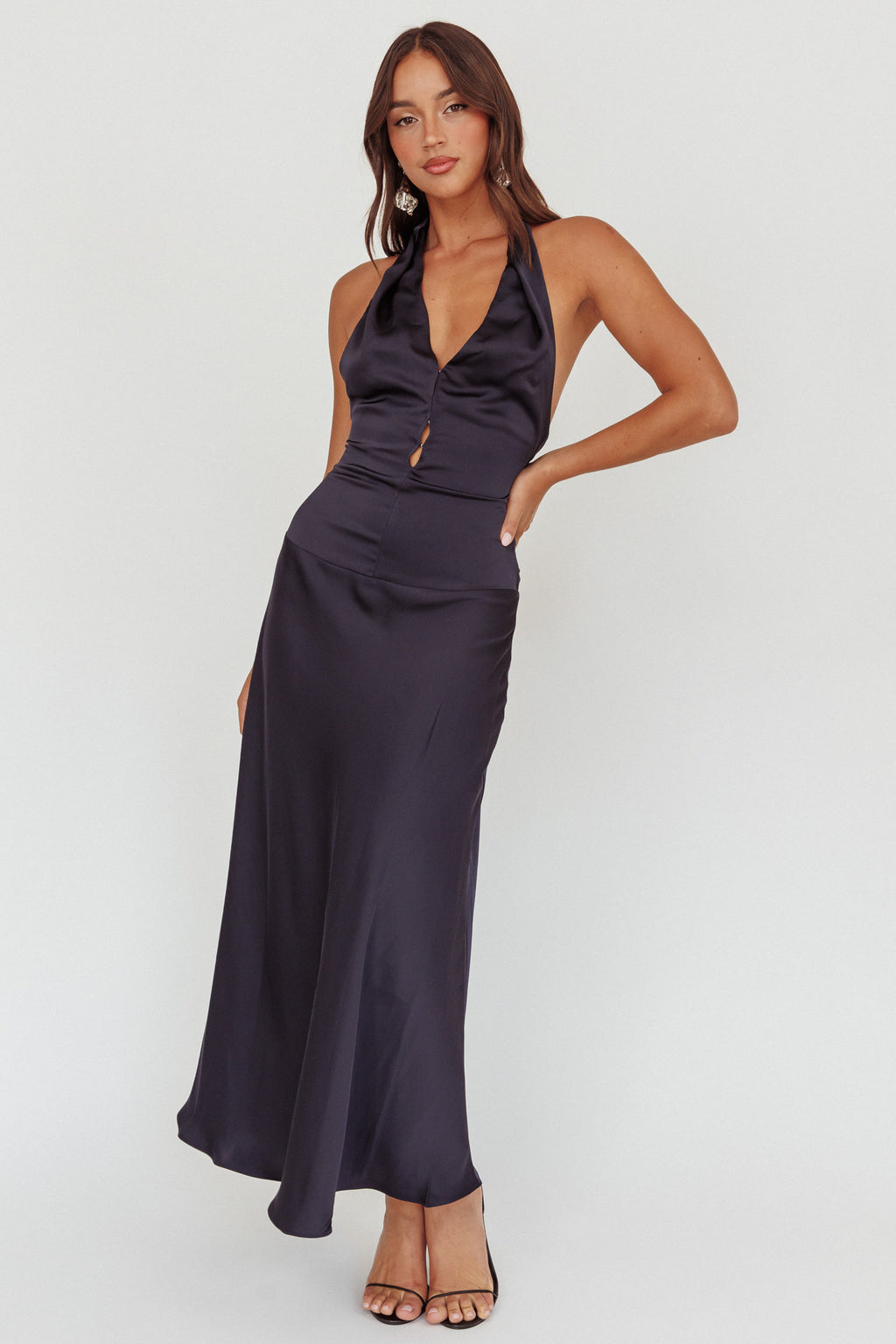 Elcie Drop Waist Halter Maxi Dress Navy | Selfie Leslie