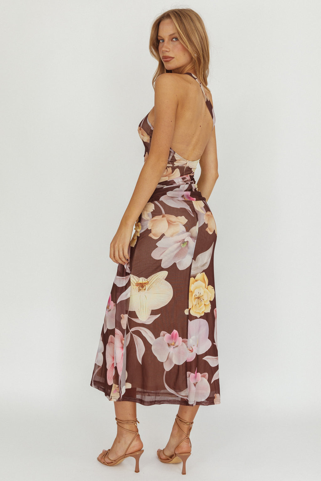 Kimbra Waist Sash Maxi Dress Floral Brown by Selfie Leslie