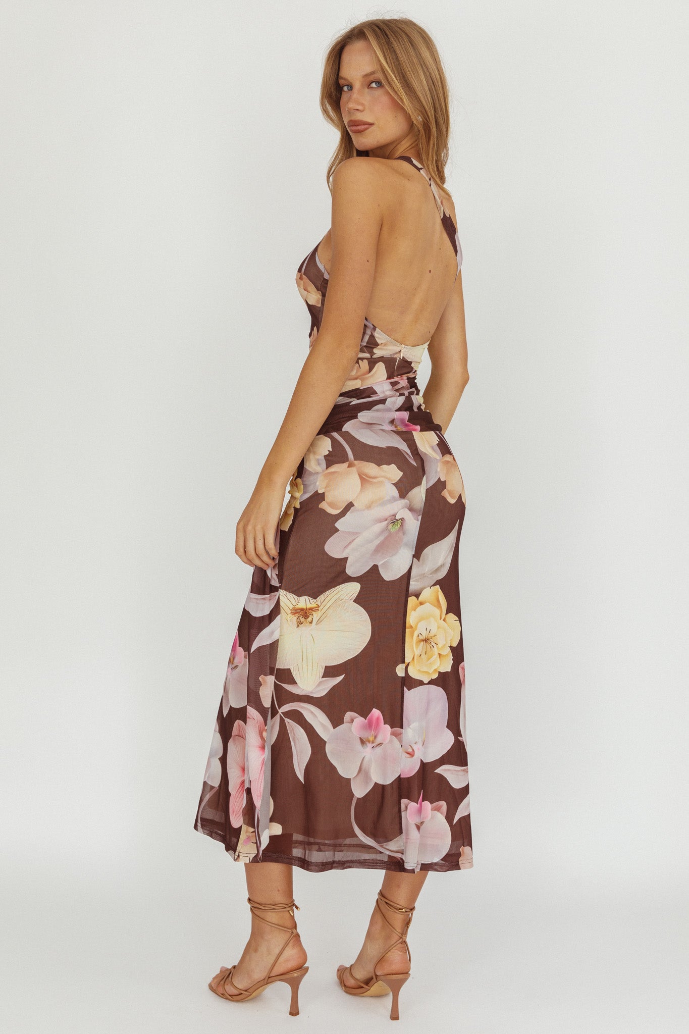 Kimbra Waist Sash Maxi Dress Floral Brown by Selfie Leslie