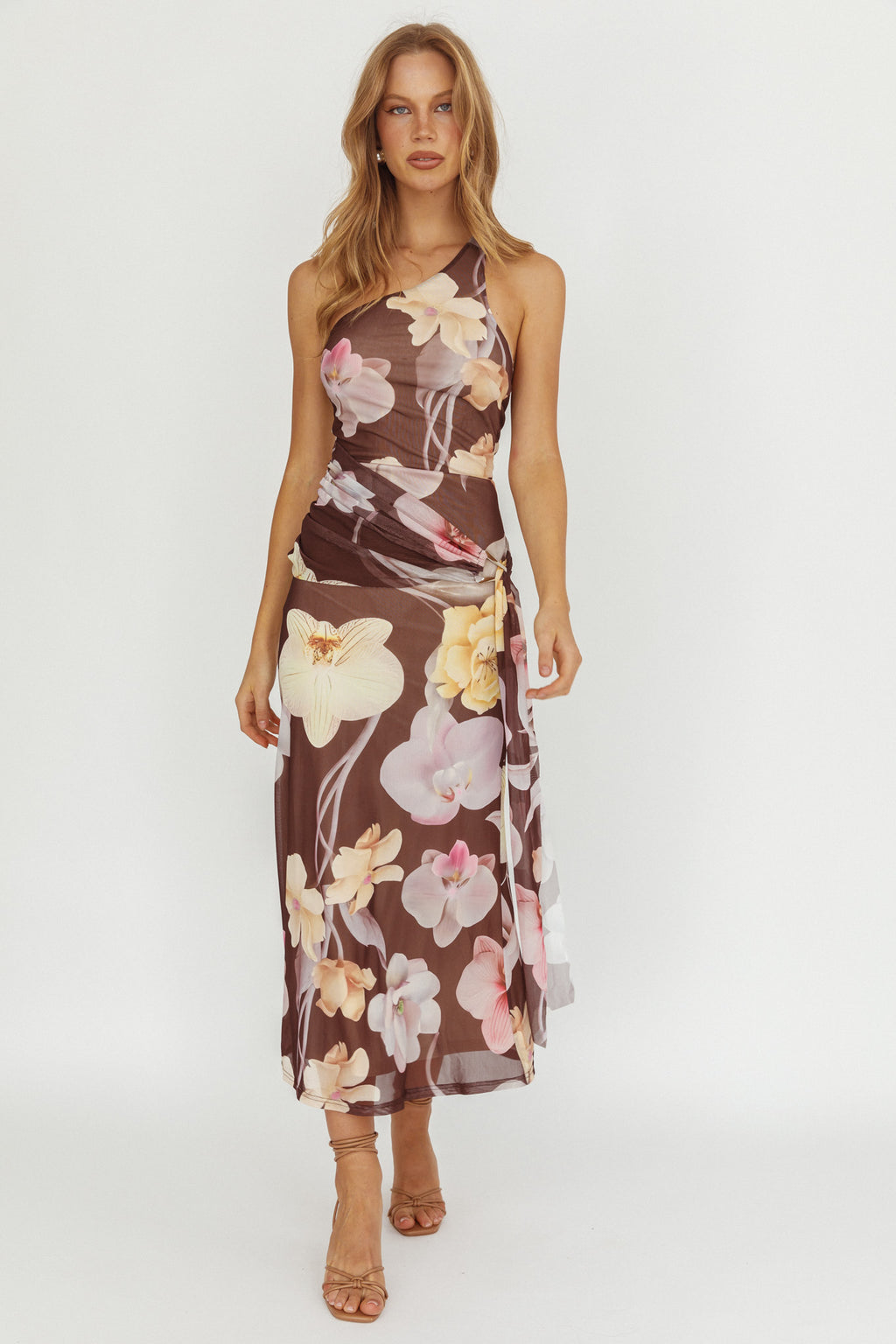 Kimbra Waist Sash Maxi Dress Floral Brown by Selfie Leslie