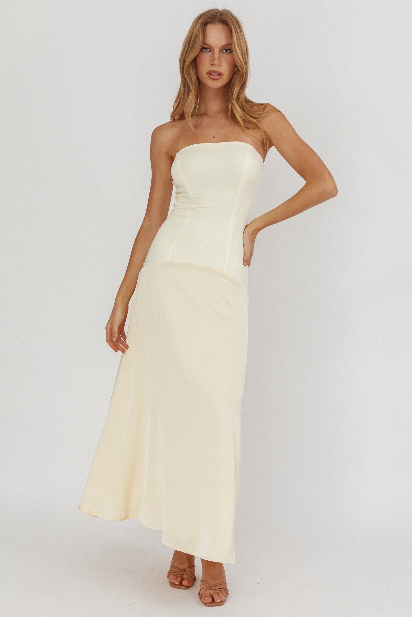 Star Avenue Strapless Drop Waist Maxi Dress Butter by Selfie Leslie