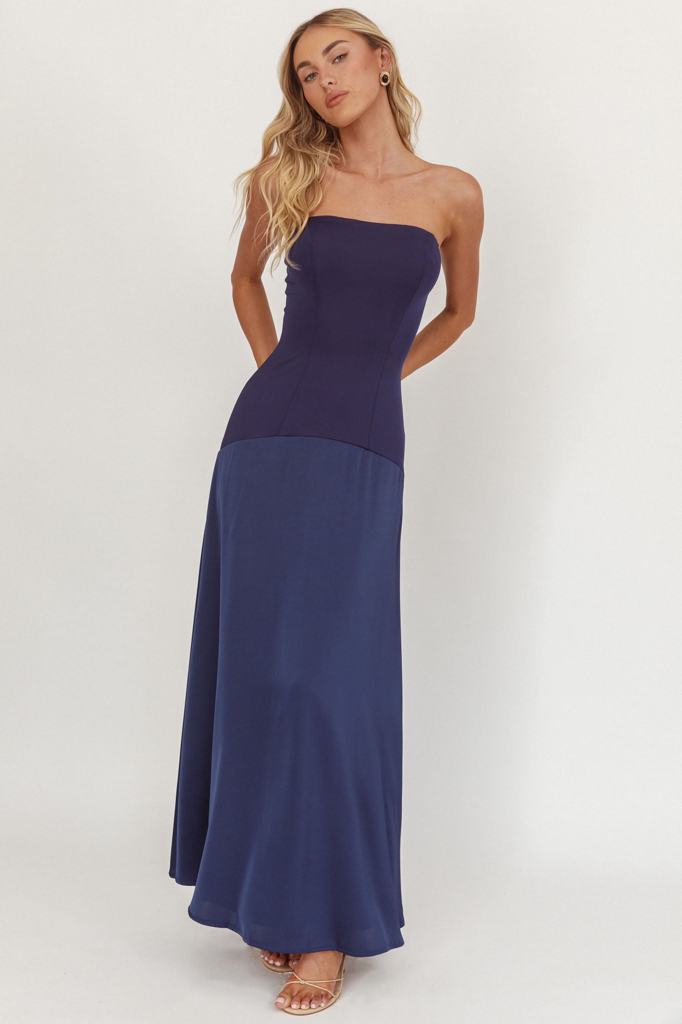 Star Avenue Strapless Drop Waist Maxi Dress Navy by Selfie Leslie